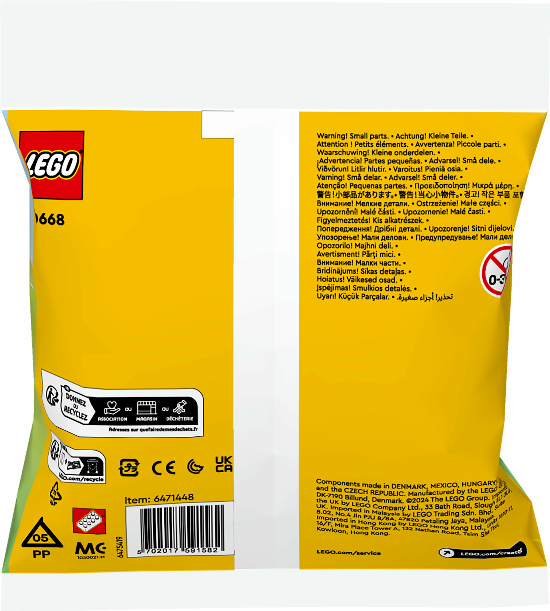 Busta LEGO gialla con avvertenze, simboli di riciclaggio e codice a barre.