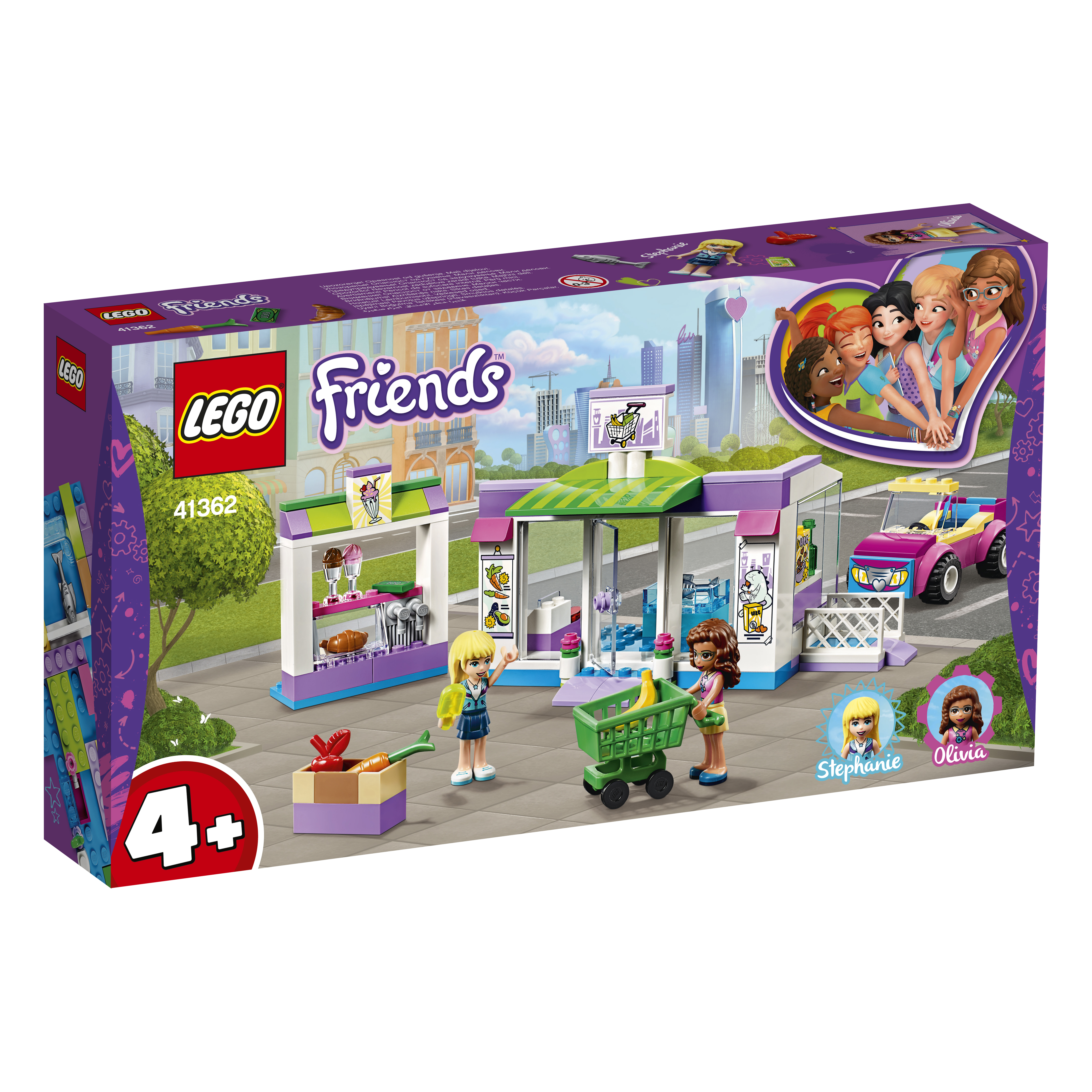Zestaw LEGO Friends ze sklepem, figurkami i samochodem.