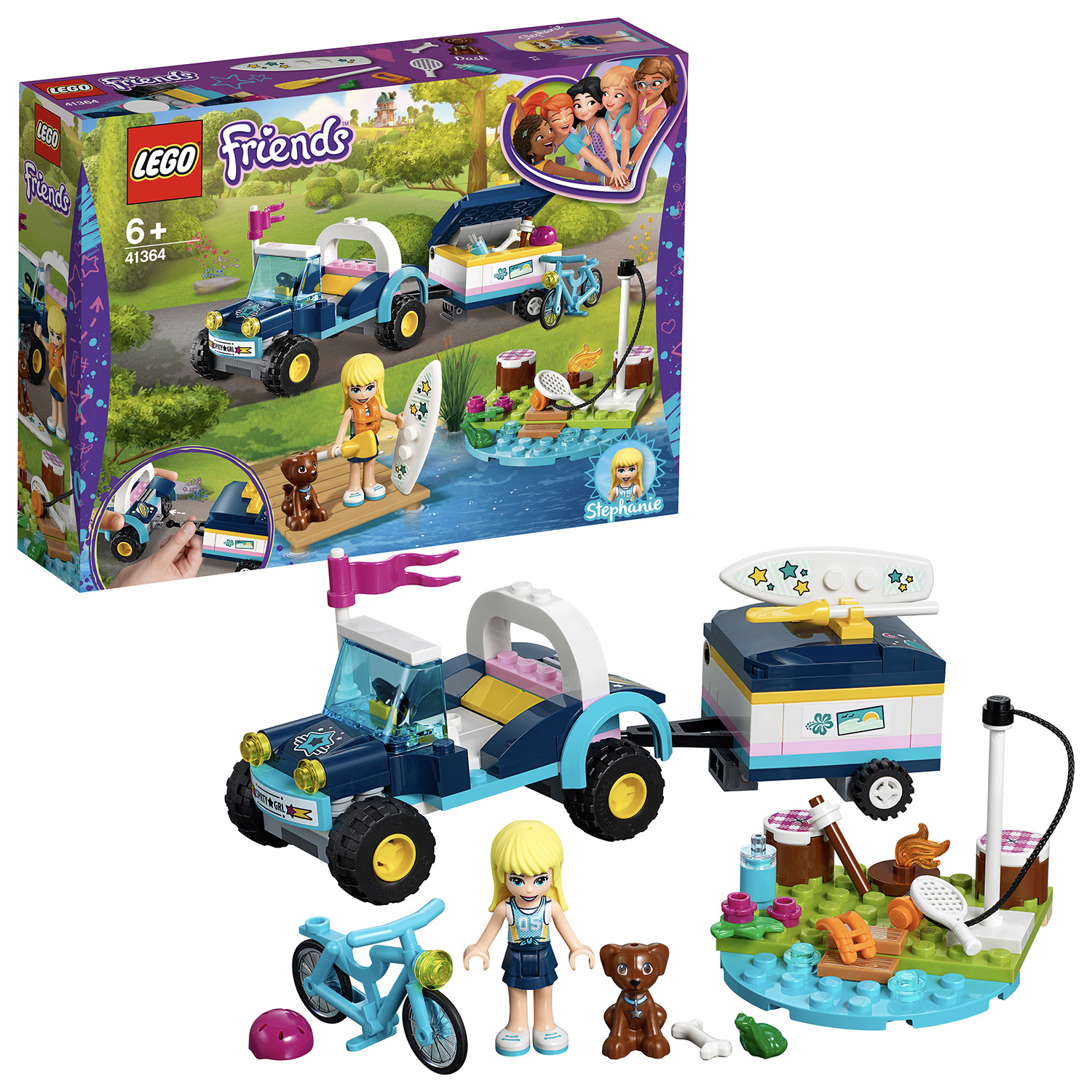 Un set Lego Friends con auto, rimorchio e personaggi vicino a un lago.