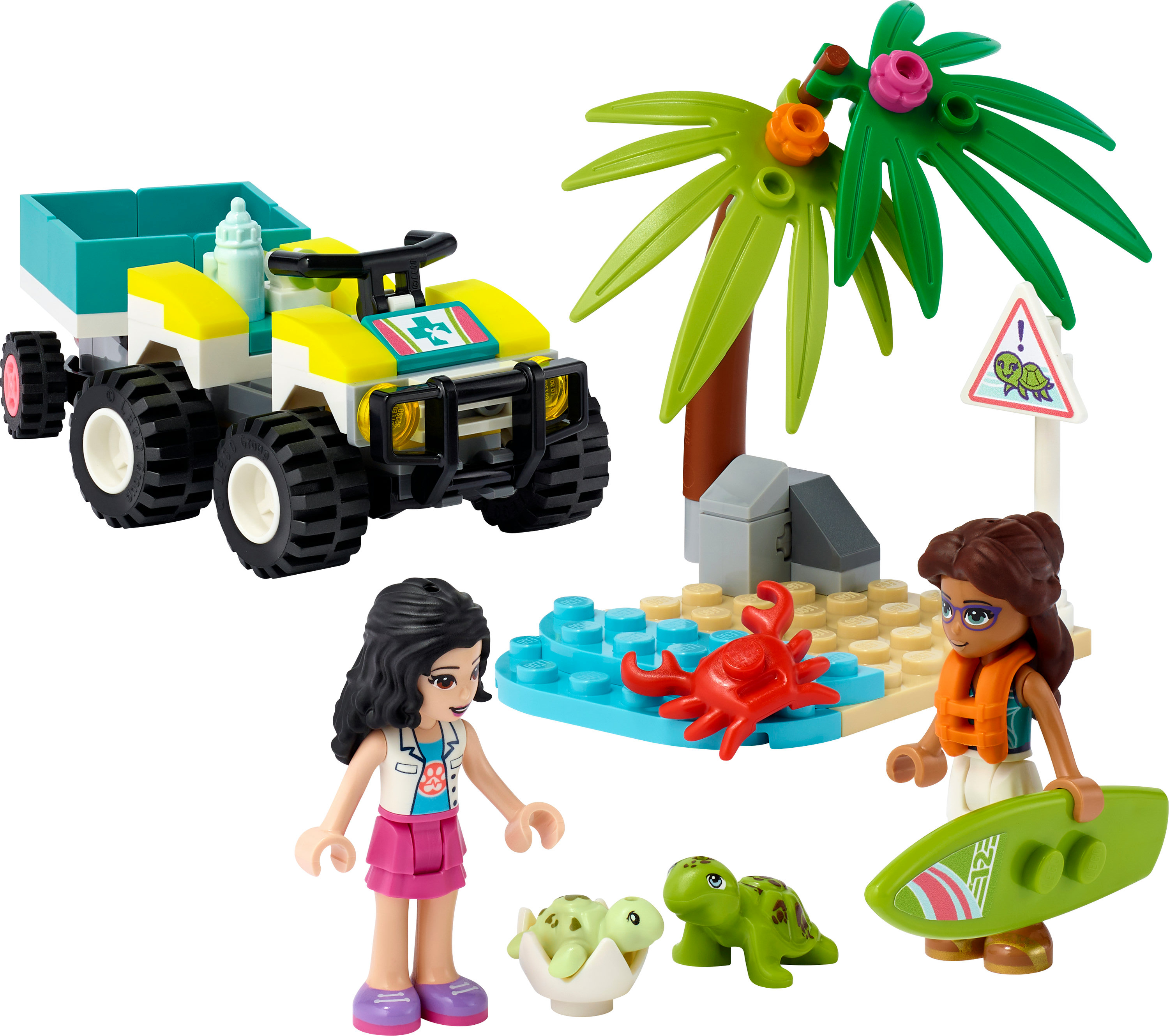 Ein Lego Friends Set mit Quad, Figuren, einer Strandszene und Schildkröten.