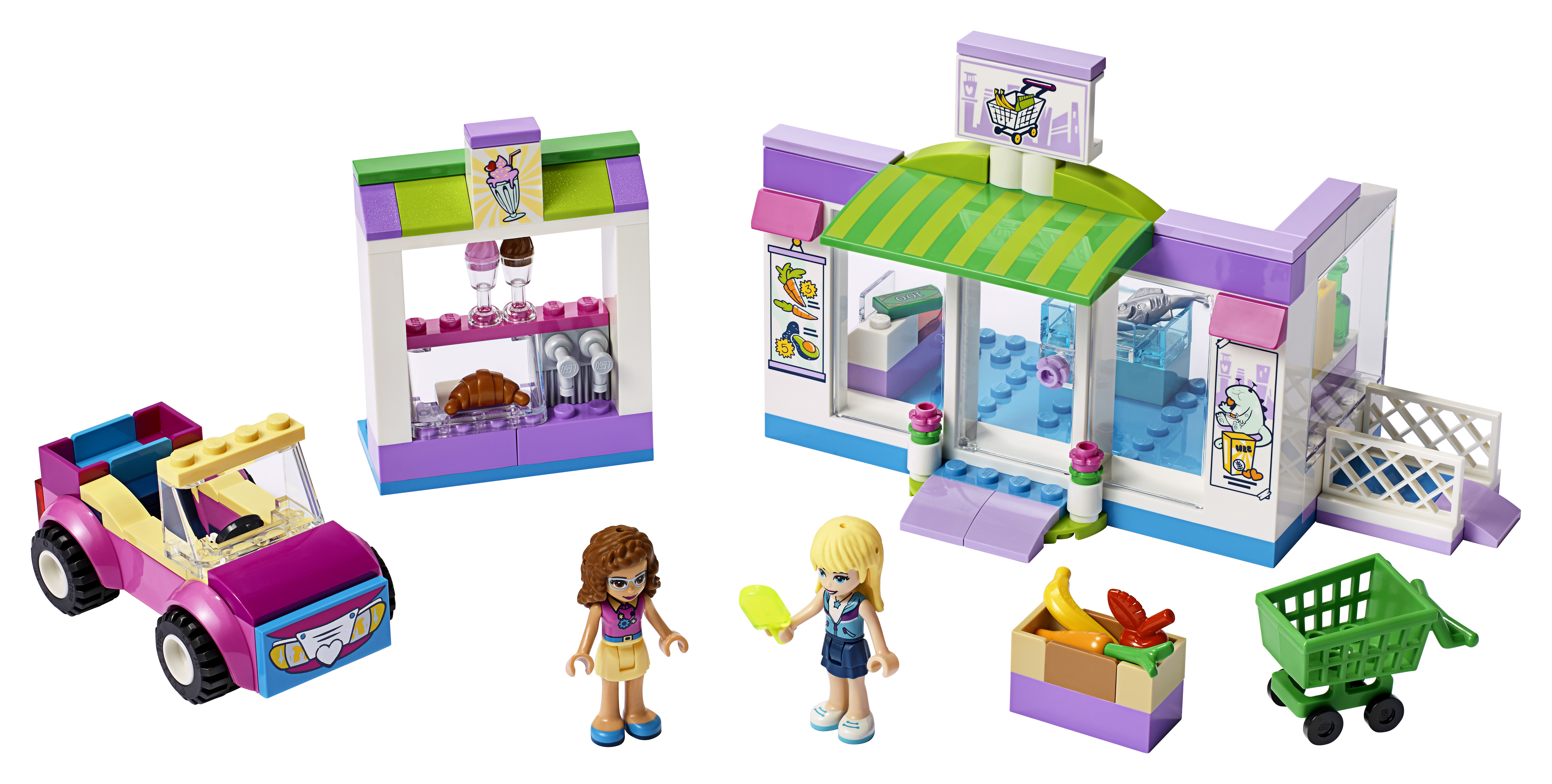 Zestaw Lego Friends. Zawiera samochód, sklep, stoisko i dwie mini-lalki Lego. Białe tło.