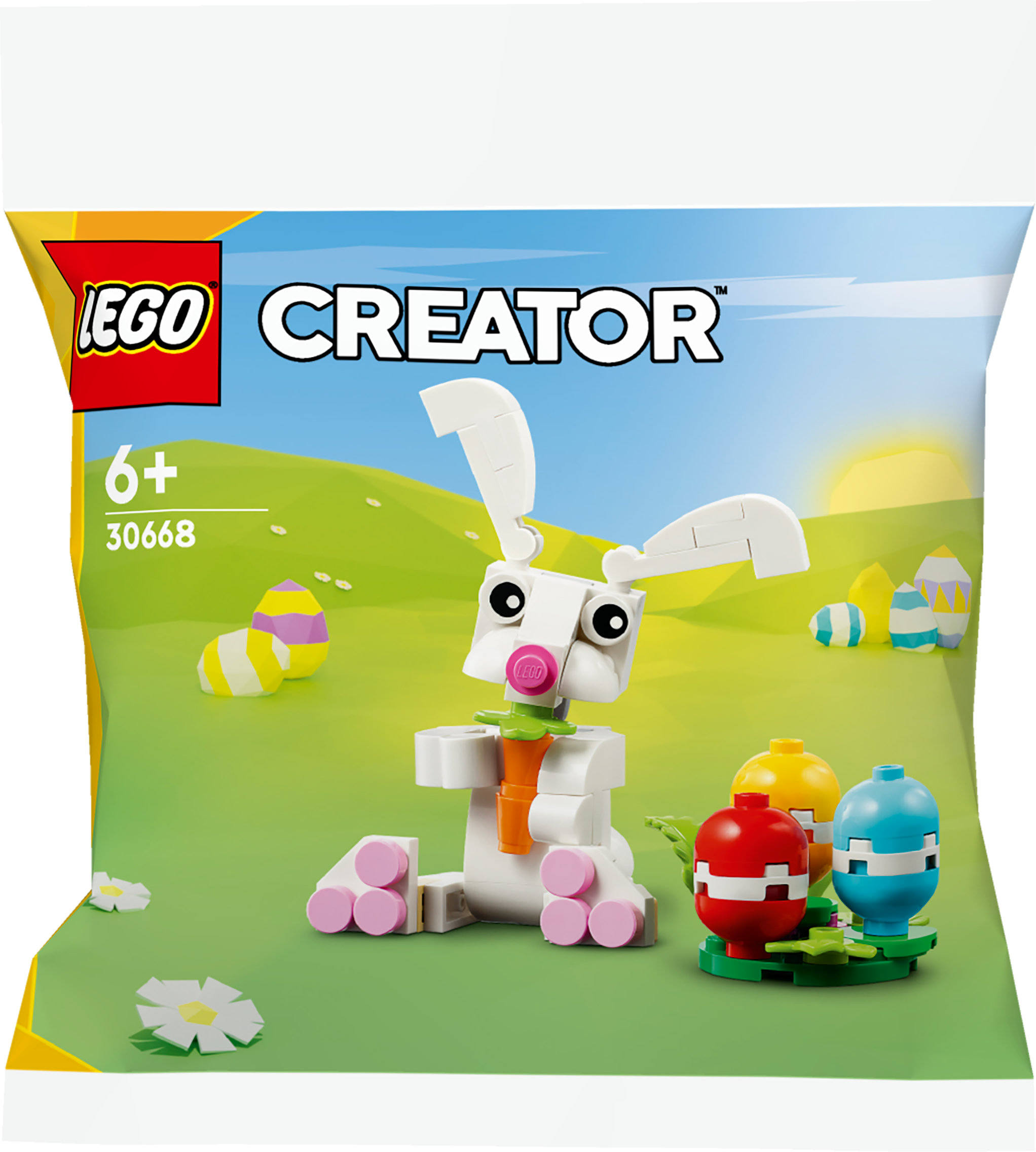 Set Lego Creator di Pasqua in sacchetto. Coniglio bianco con carota, uova ed erba verde.
