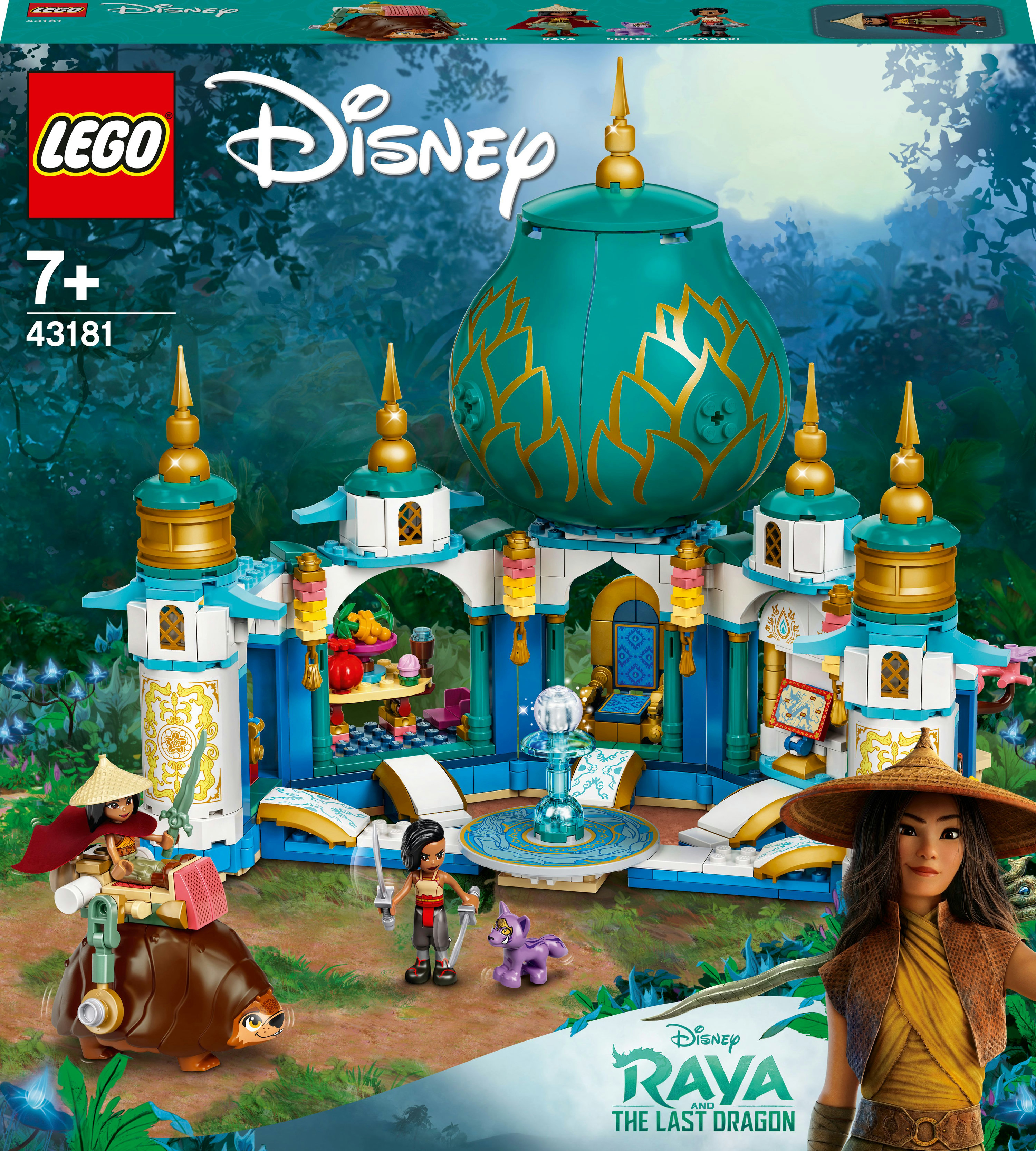 Pudełko zestawu Lego: Disney Raya i ostatni smok. Pokazuje zamek, figurki i smoka.