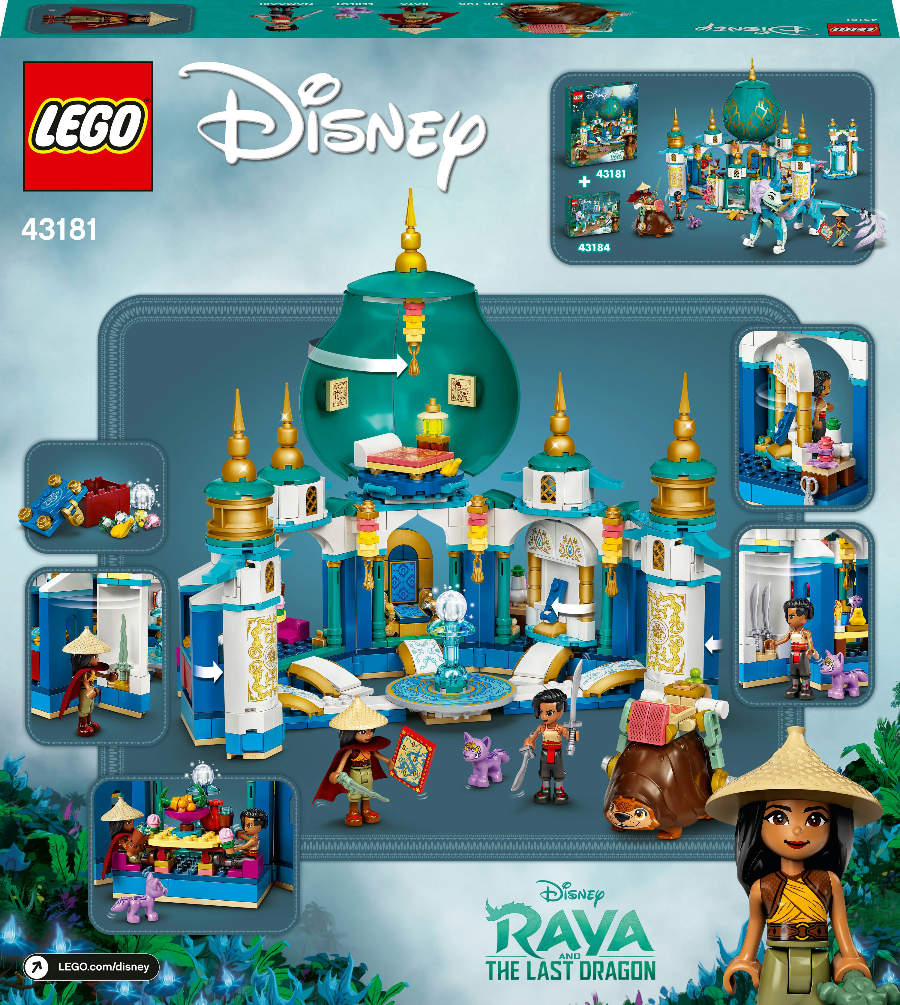 Pudełko z zestawem LEGO Disney Raya i Ostatni Smok, pokazujące zamek.