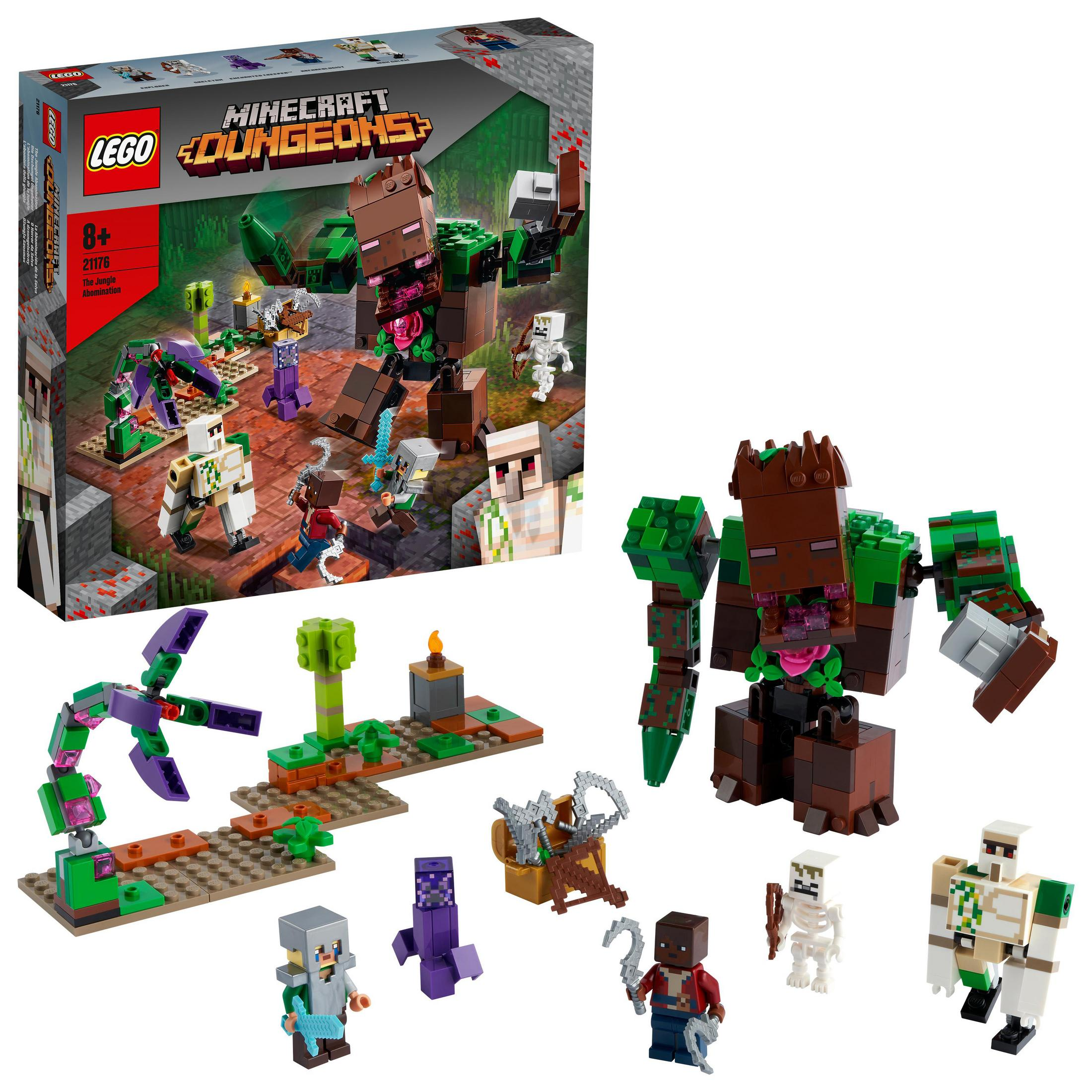 Zestaw Lego Minecraft Dungeons z figurkami i dużym potworem.