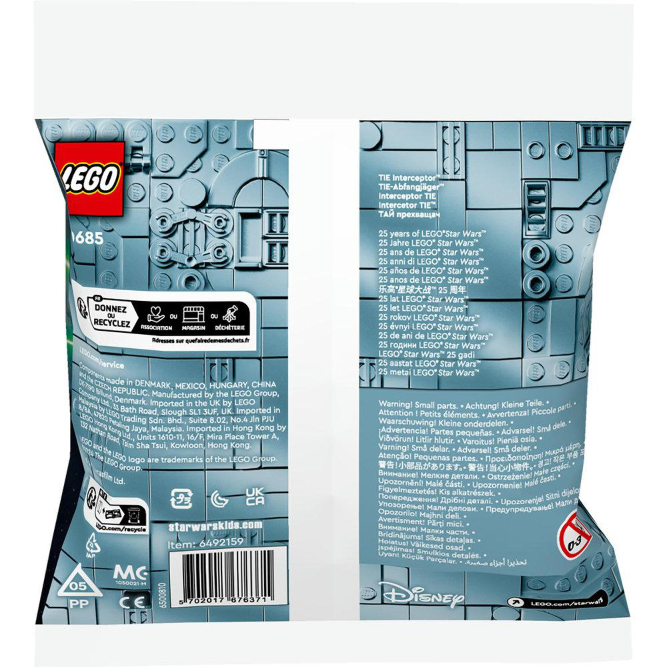 Torebka LEGO Star Wars z tekstem i obrazami, w tym ostrzeżeniami dotyczącymi recyklingu i małych elementów.