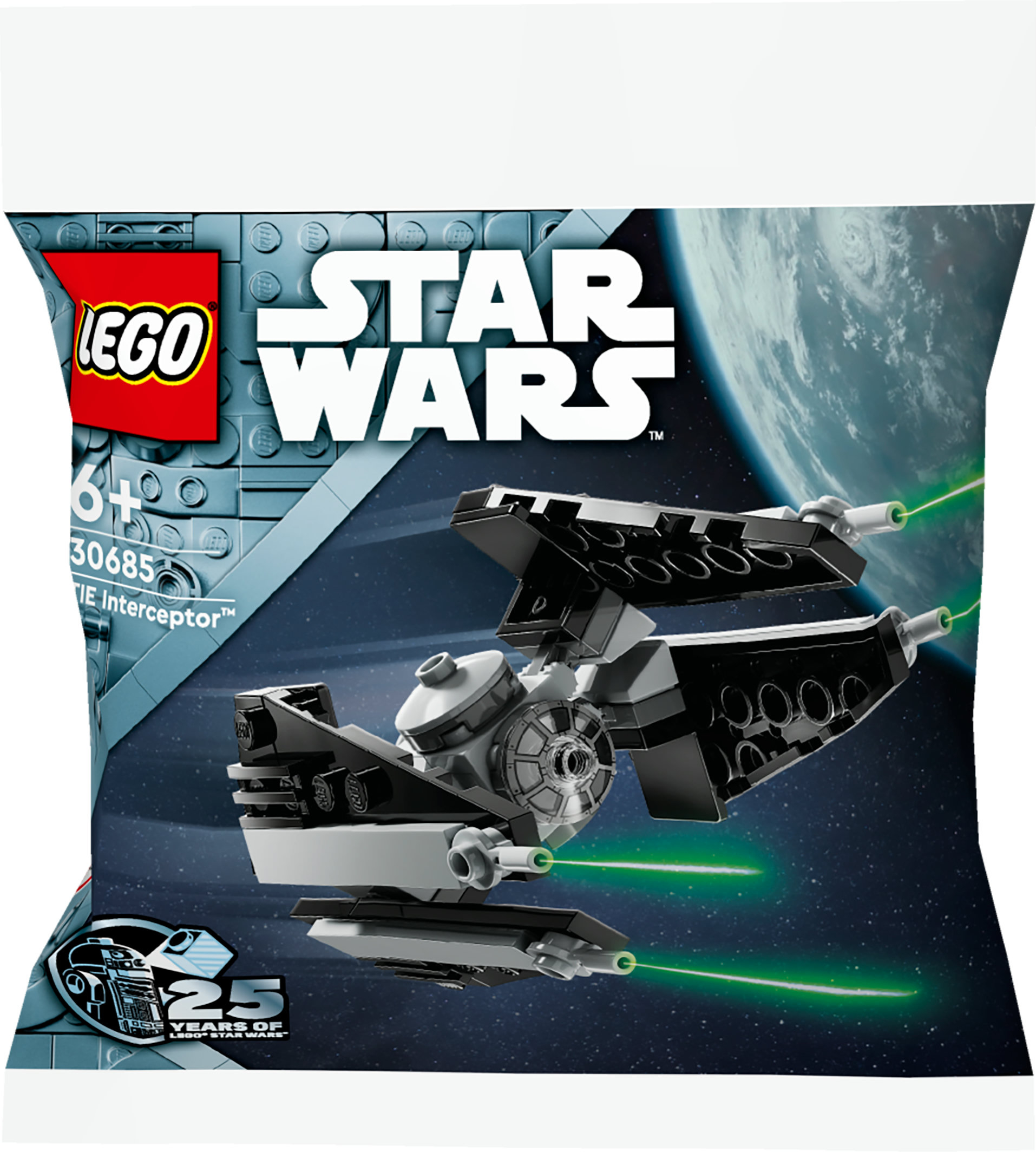 Zestaw Lego Star Wars, TIE Interceptor w torbie z kosmicznym tłem.