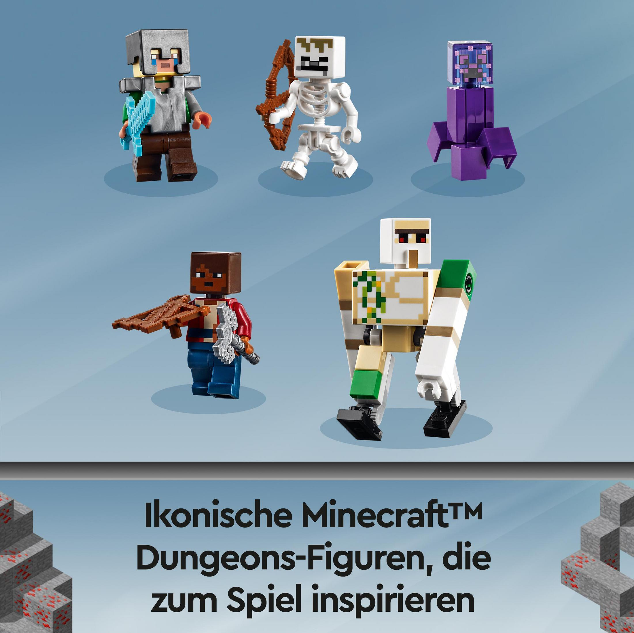 Zestaw figurek LEGO Minecraft, z różnymi postaciami z gry.