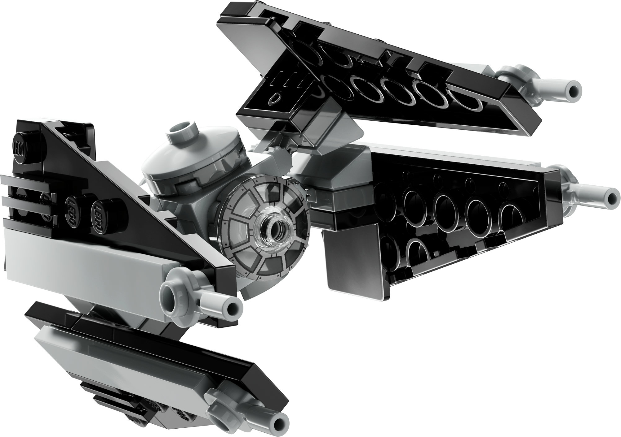 Model LEGO Star Wars TIE Fighter, czarny i szary, na białym tle.