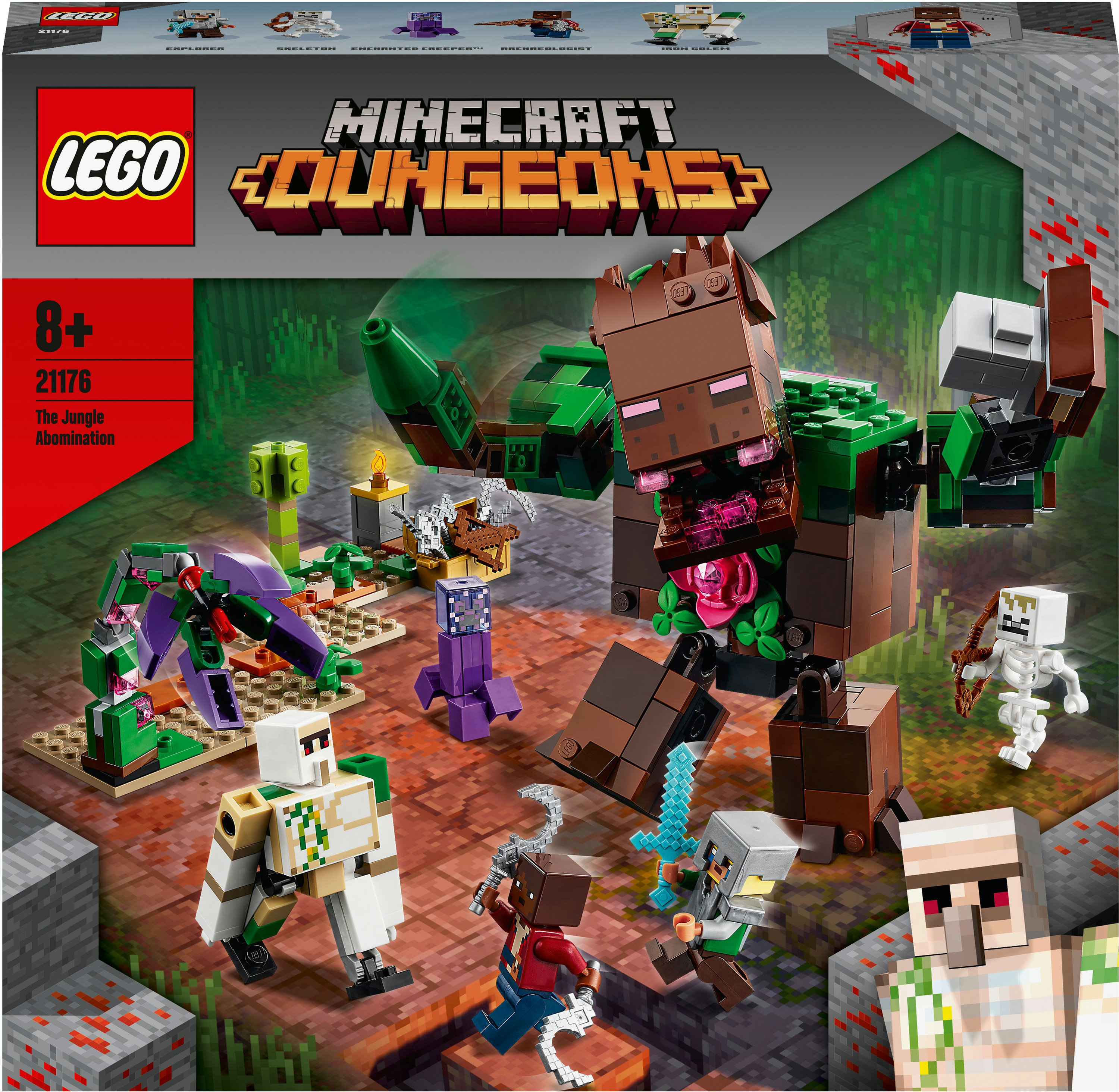 Zestaw Lego Minecraft Dungeons: Jungle Abomination z minifigurkami i strukturami.