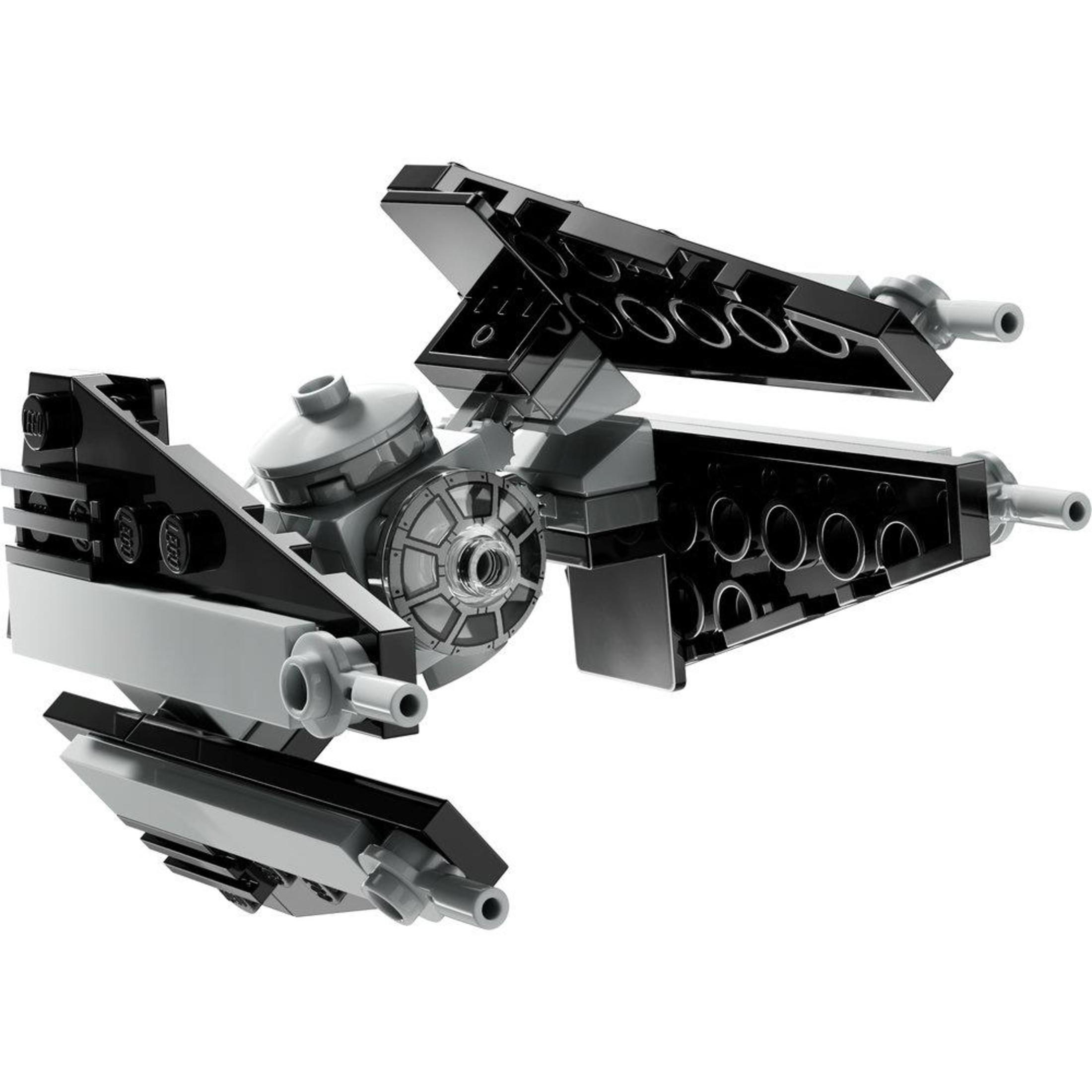 Czarny i szary Lego Star Wars TIE Fighter, ze szczegółowymi skrzydłami i kokpitem.