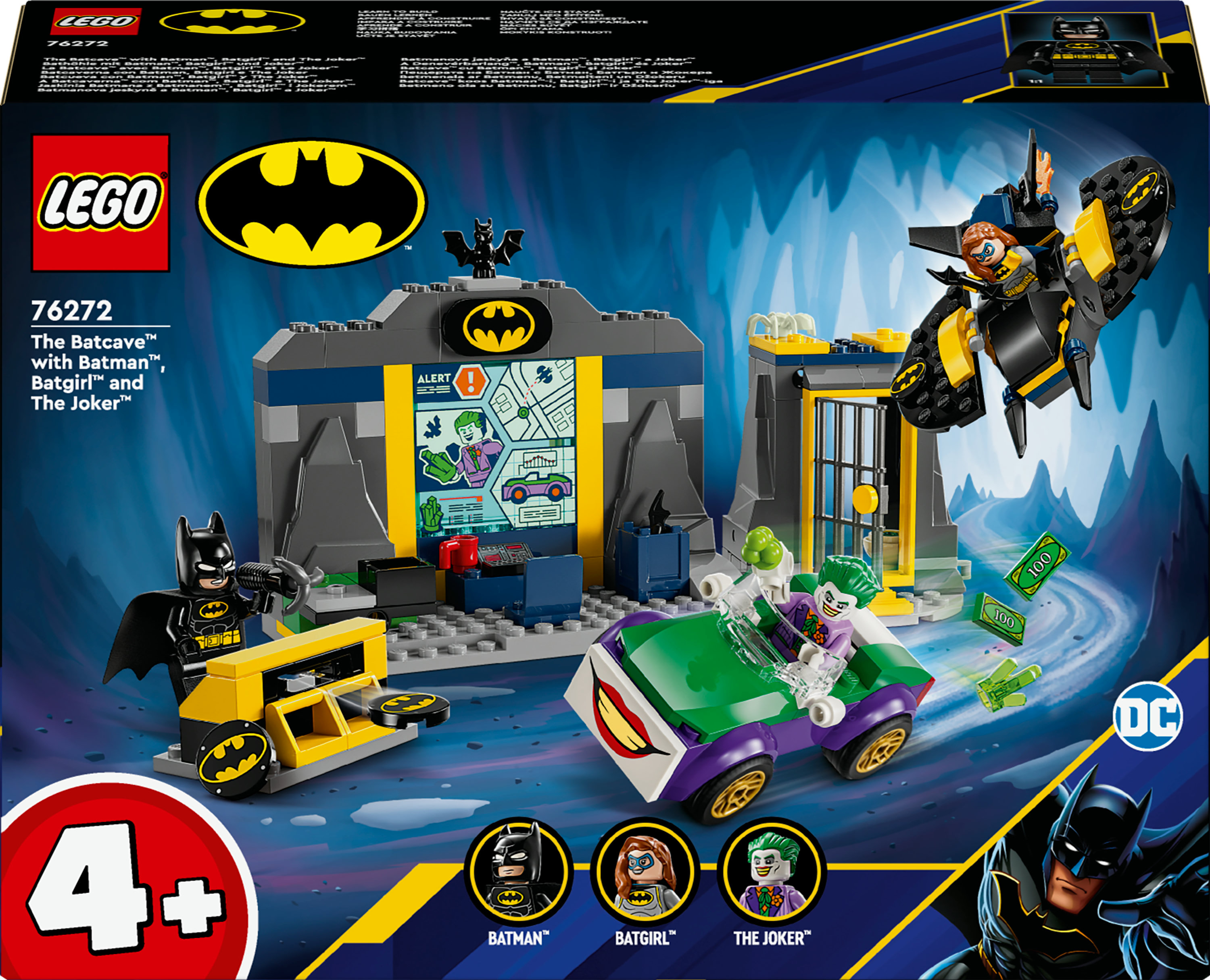Lego-Set-Box mit Batman, Batgirl und dem Joker. Die Batcave-Szene ist dargestellt.