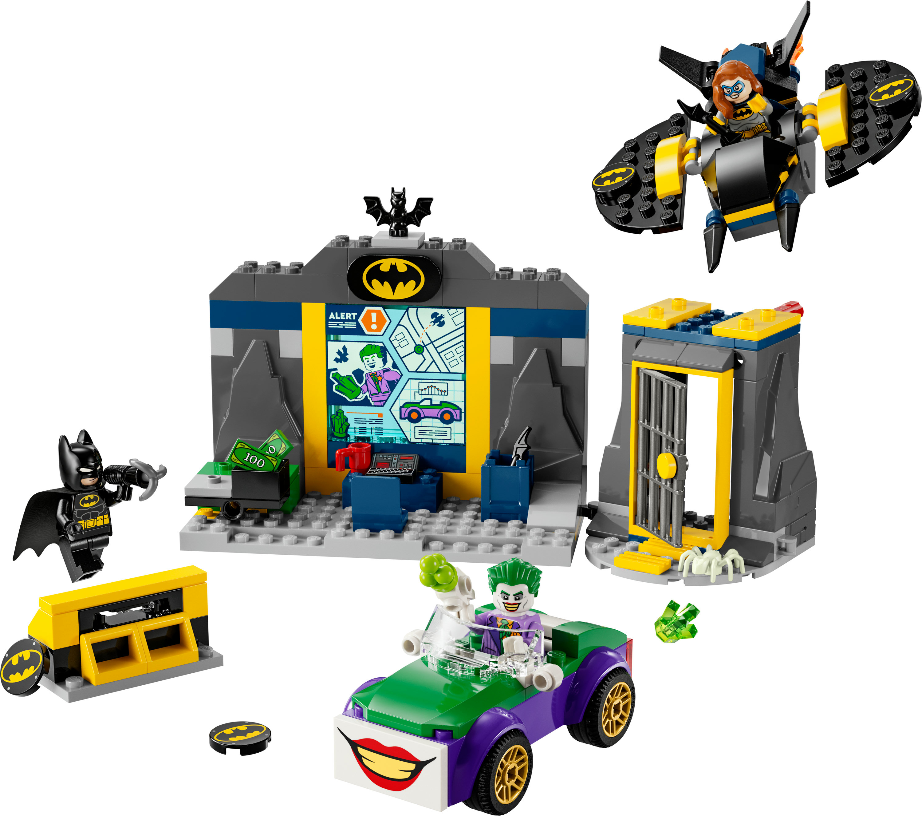 LEGO Batman Set mit Figuren, Joker-Auto und Bat-Signal-Gebäude.