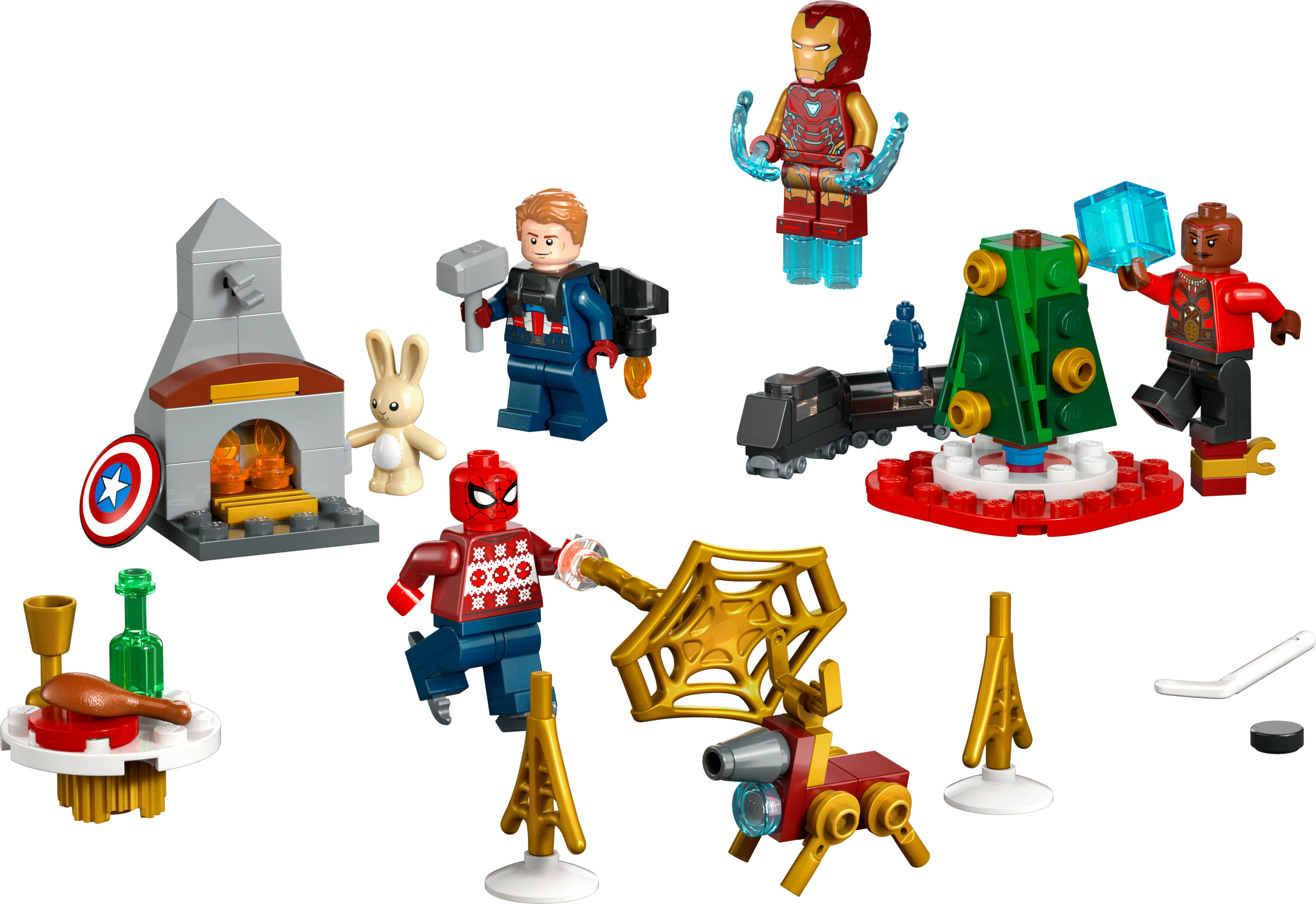 Zestaw LEGO bożonarodzeniowy z różnymi minifigurkami i akcesoriami Marvela i świątecznymi.