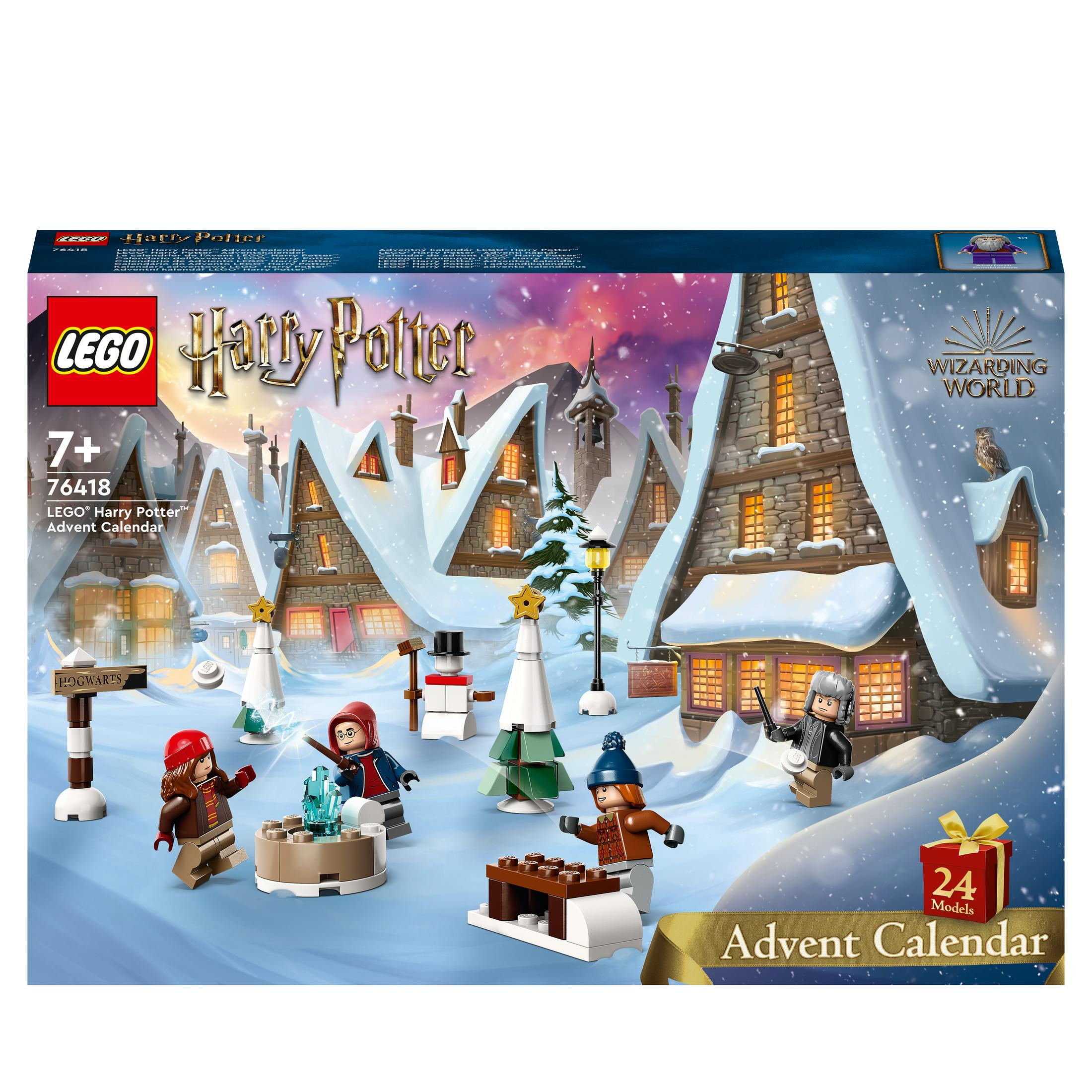 Scatola del calendario dell'Avvento Lego Harry Potter con scena del villaggio invernale e personaggi Lego.
