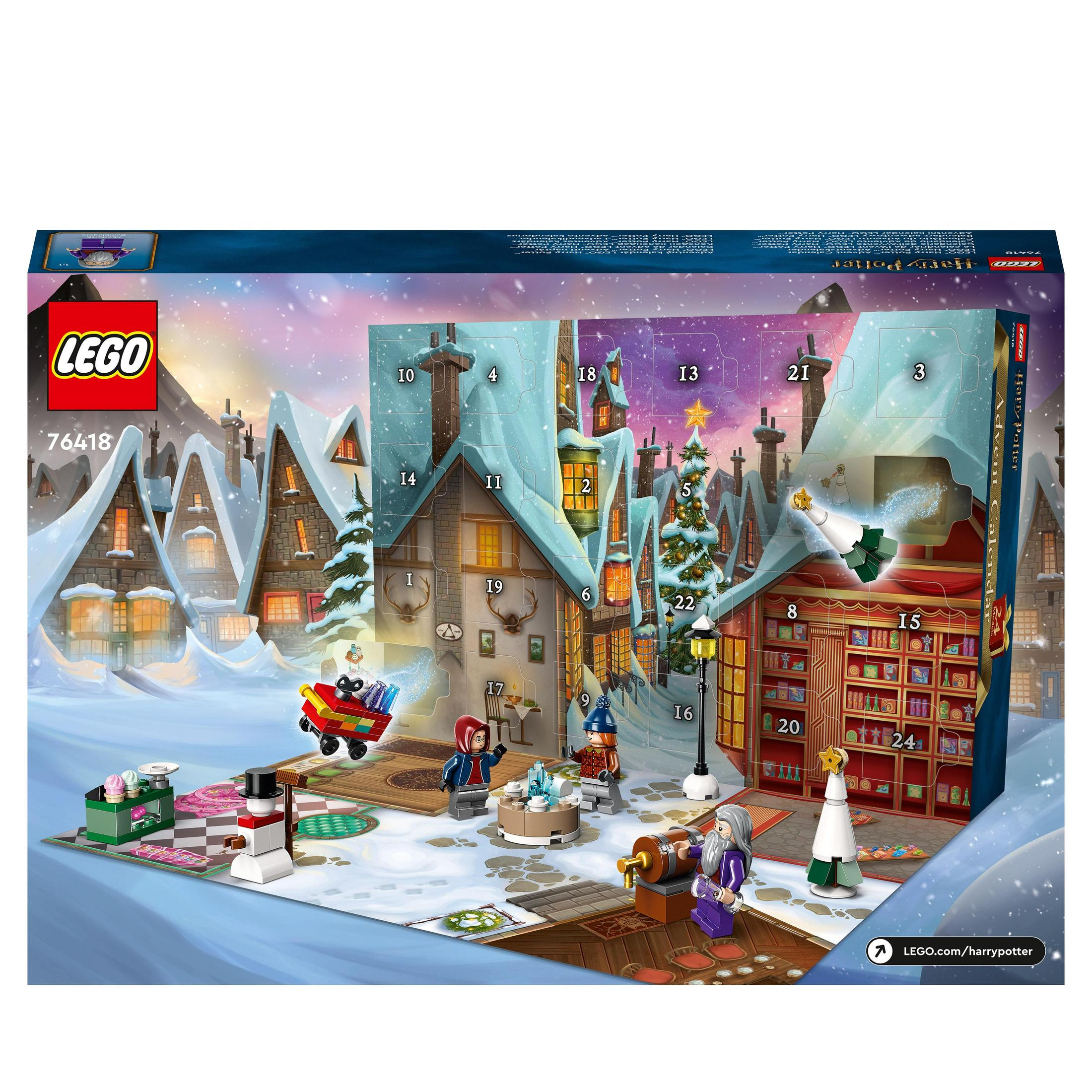 Un set Lego Harry Potter con una scena invernale. Mostra diversi edifici.