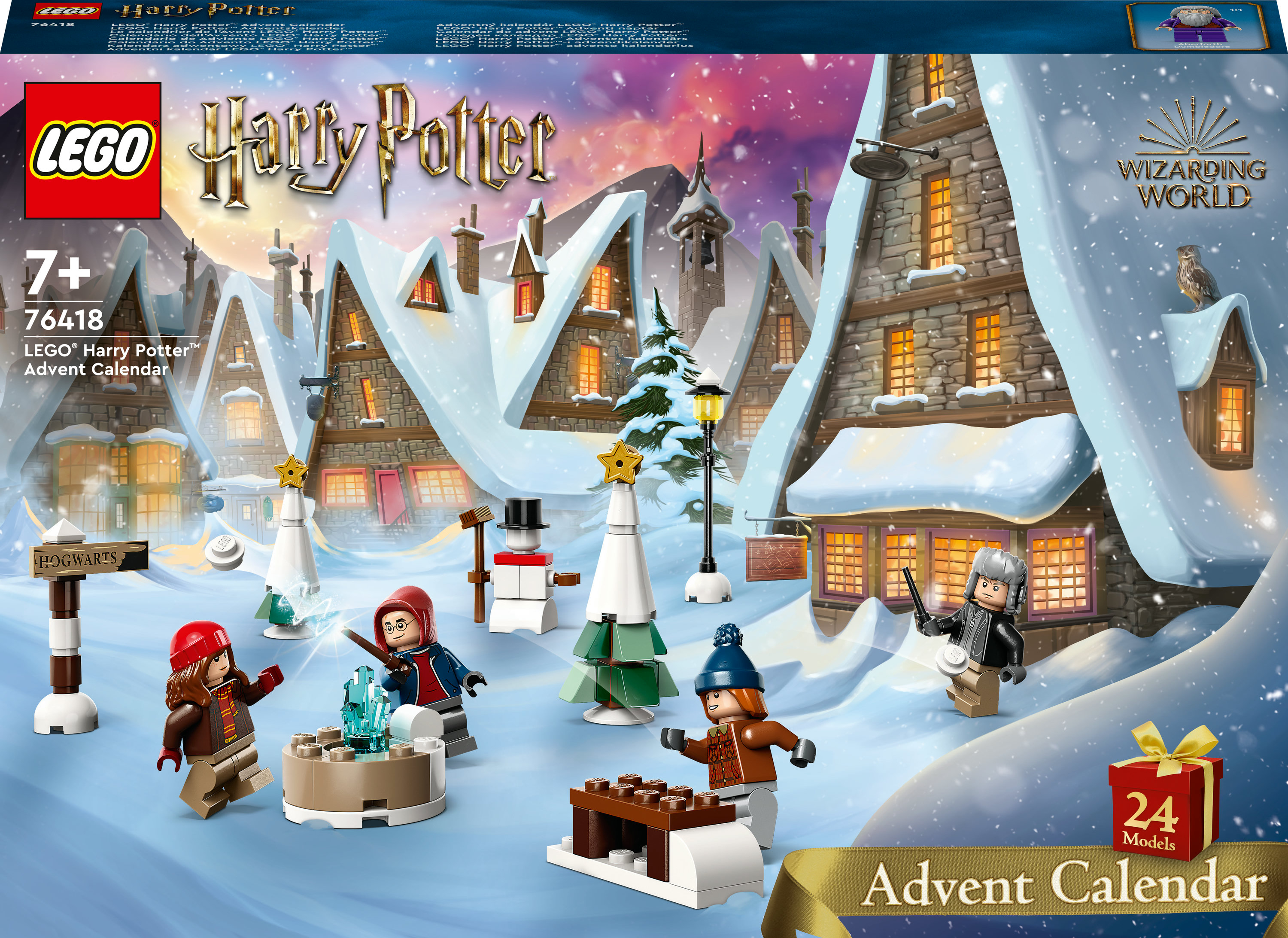 Scatola del calendario dell'Avvento Lego Harry Potter. Raffigura una scena di villaggio innevato e personaggi Lego.