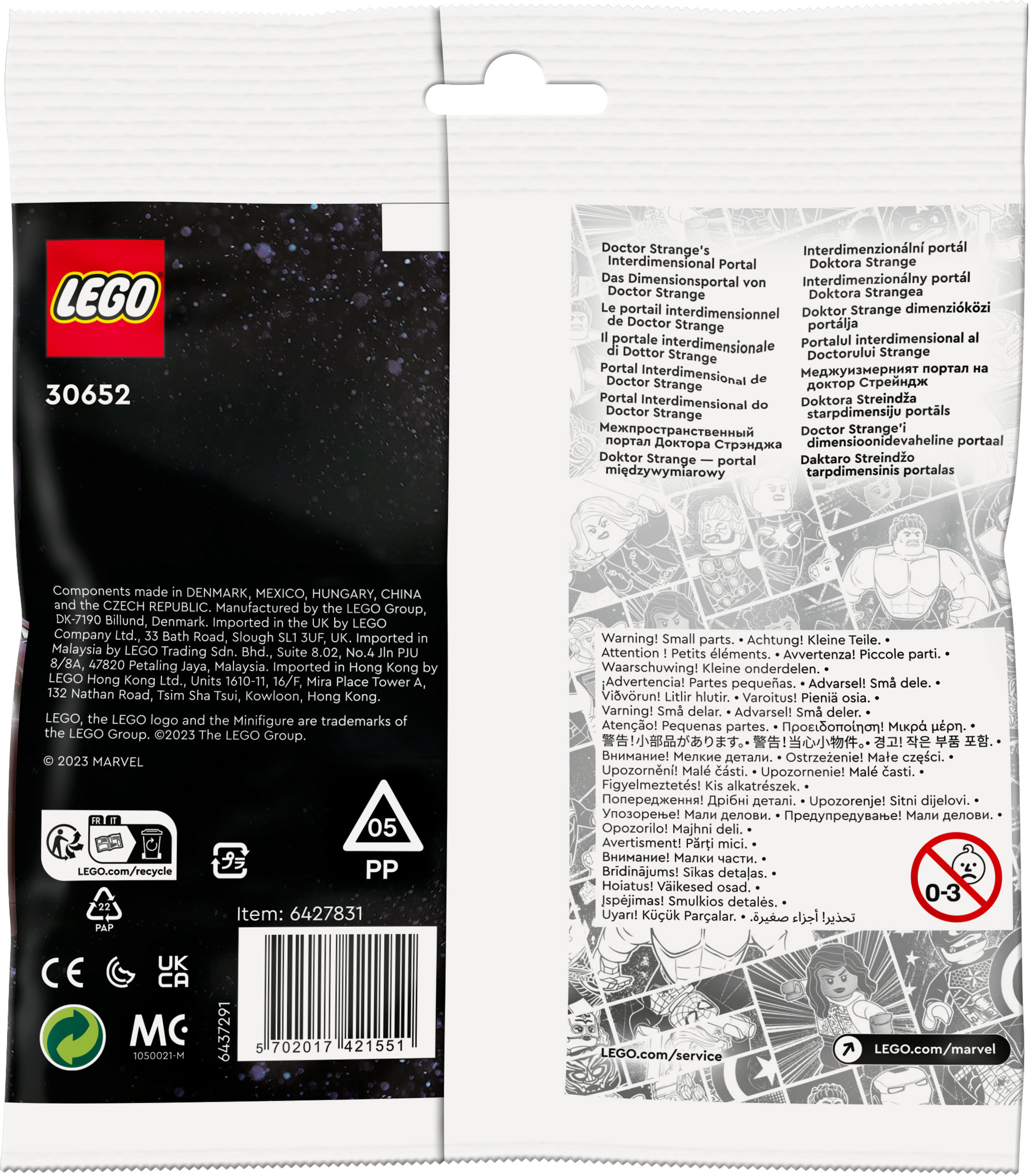 Een Lego-setdoos met tekst in meerdere talen en afbeeldingen van figuren.