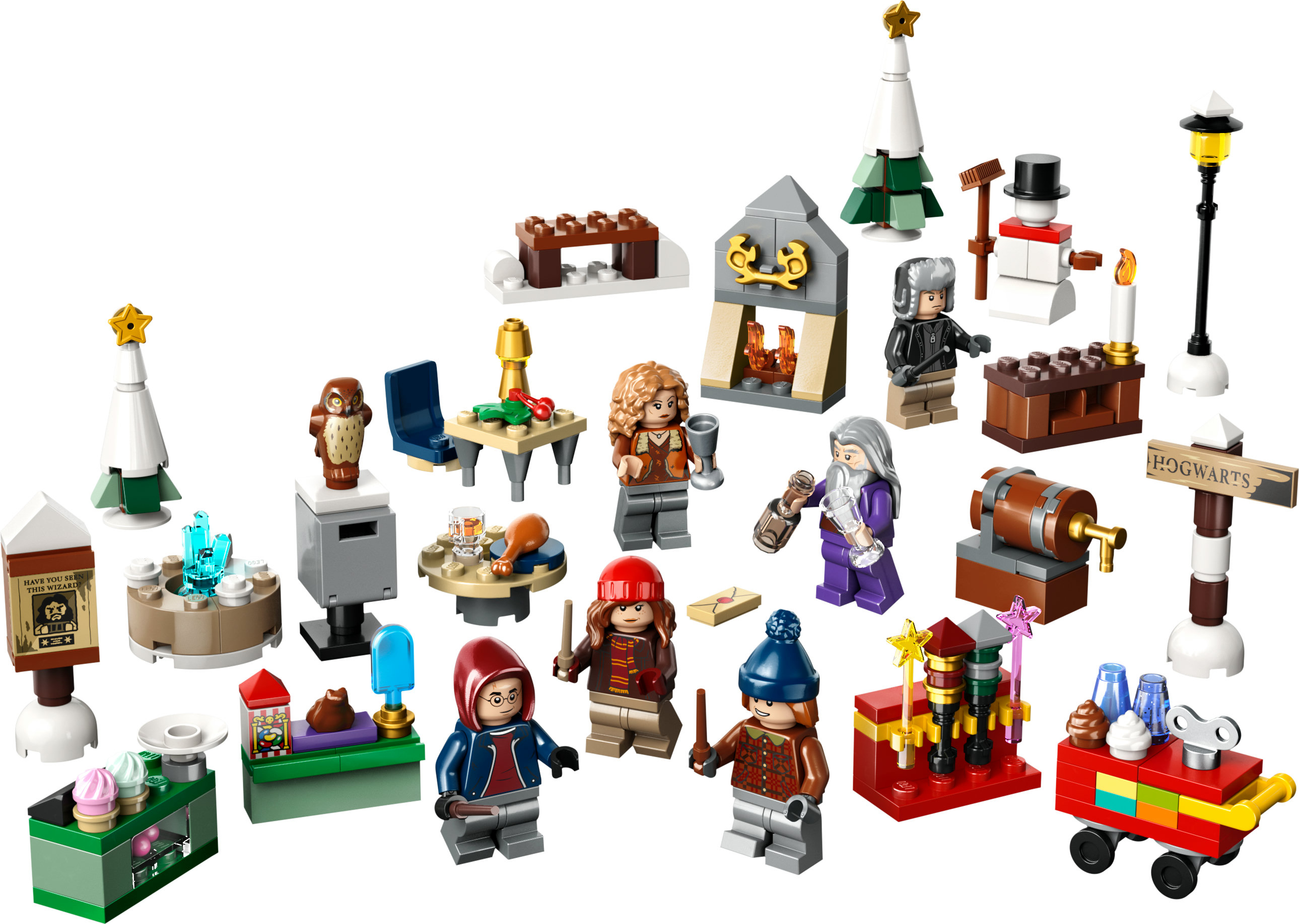 Set Lego Harry Potter con minifigure, edifici e oggetti di scena. Include vari colori e design.