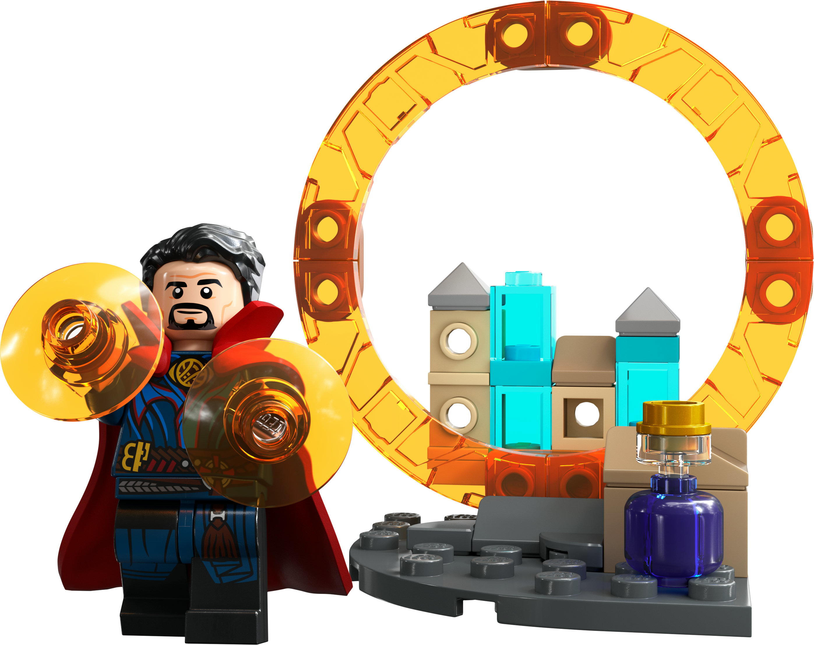 LEGO Doctor Strange set met figuur, portaal en gebouw. Witte achtergrond.