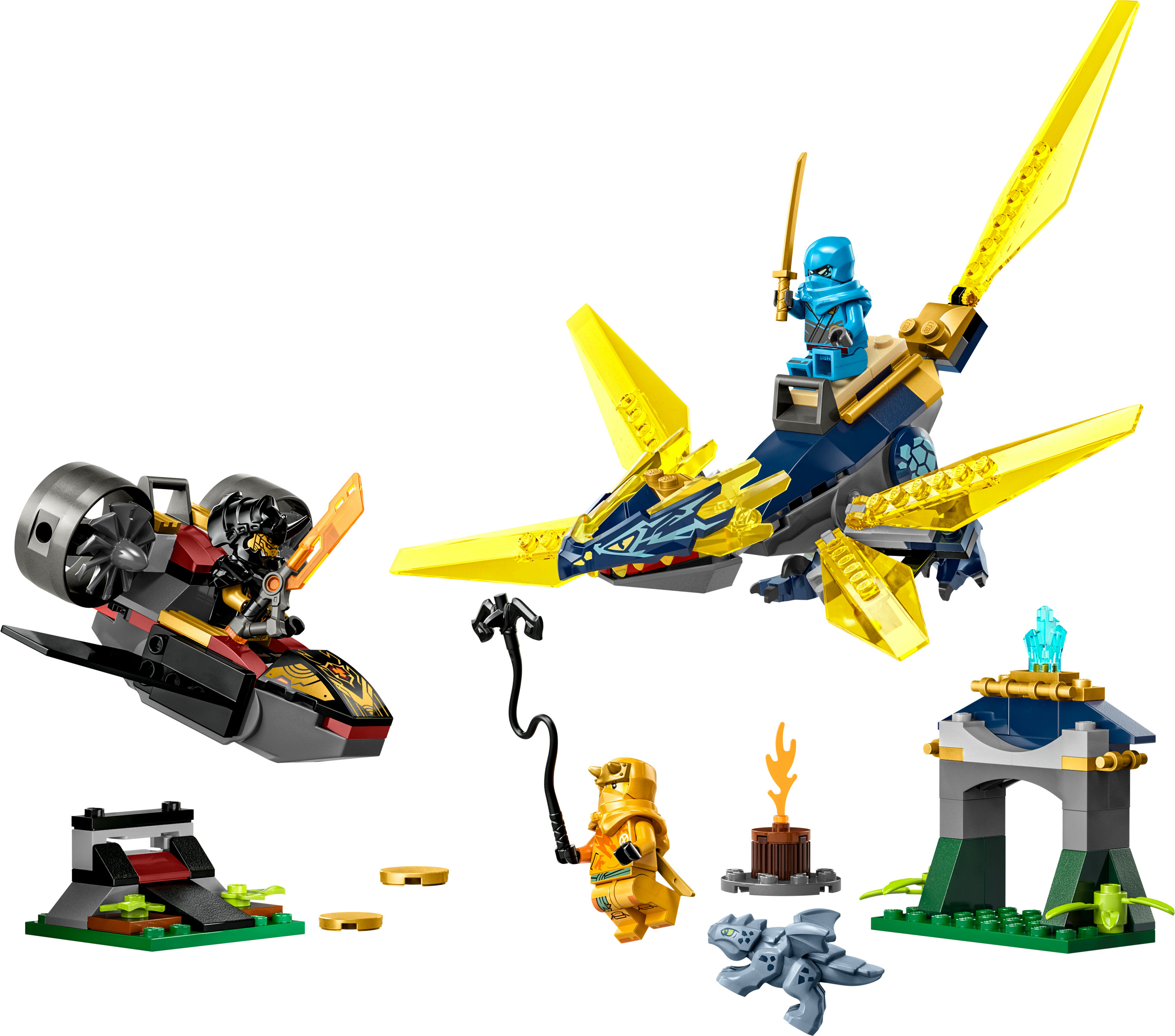 Zestaw Lego Ninjago ze smokiem, odrzutowcem, figurkami i małymi strukturami. Schemat kolorów żółty, niebieski i czarny.