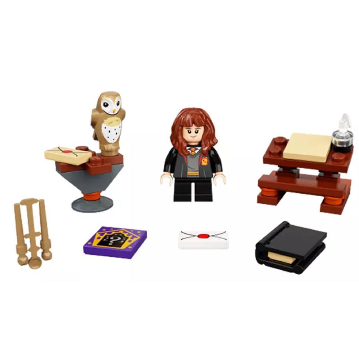 Zestaw Lego z Hermioną, sową, elementami biurka i akcesoriami.