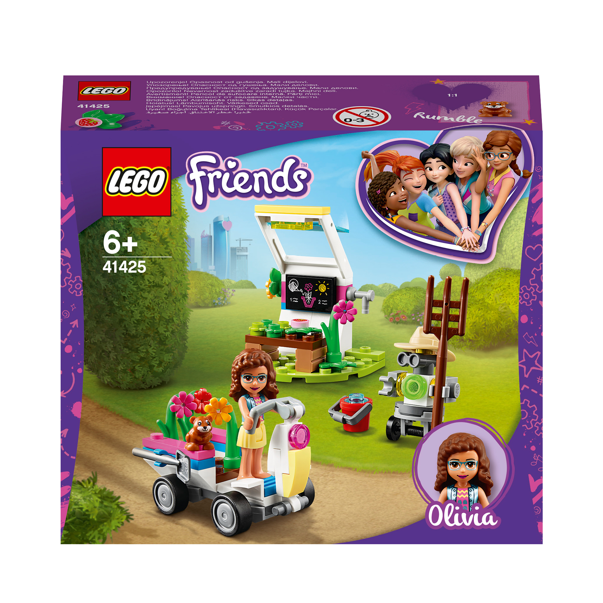Set Lego Friends con personaggi, fiori e scooter, che raffigurano una scena di giardino.