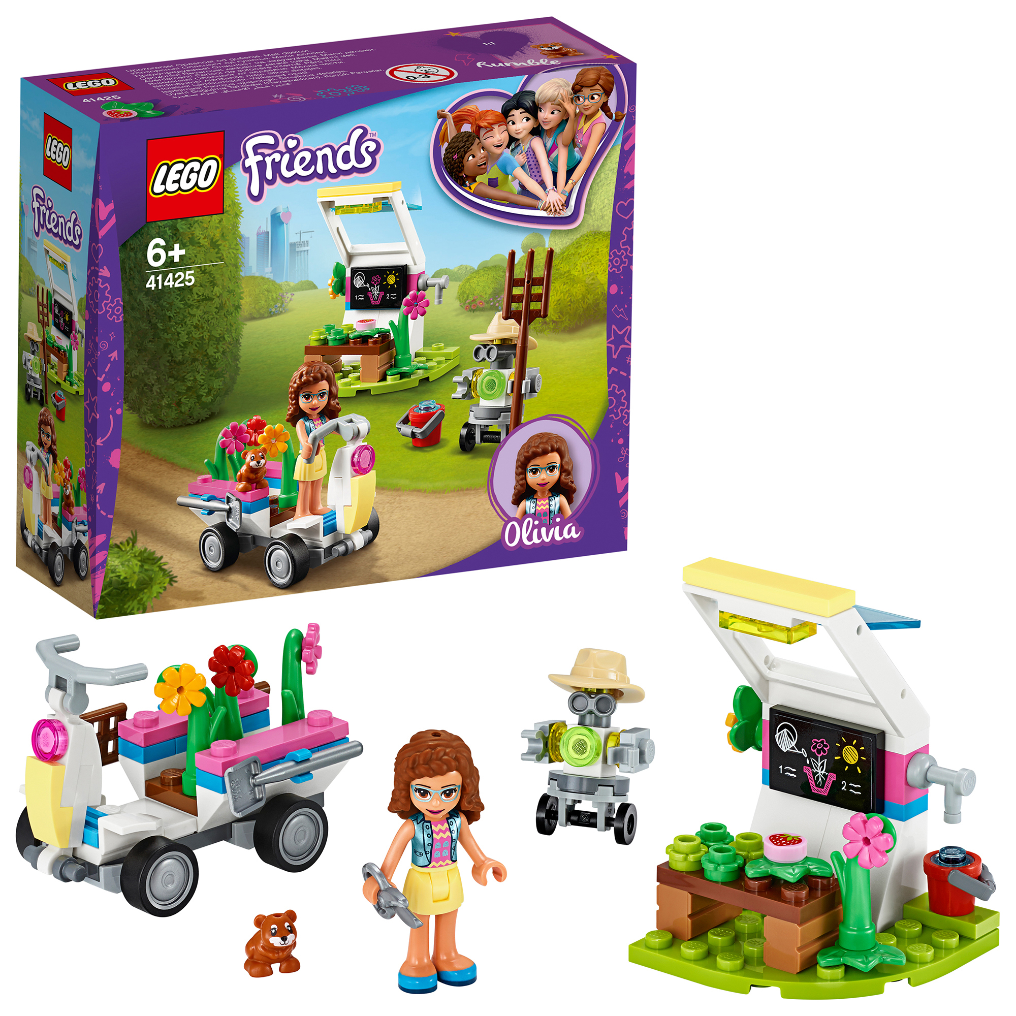 Set LEGO Friends con scooter, personaggio di Olivia, un robot e un fioraio.