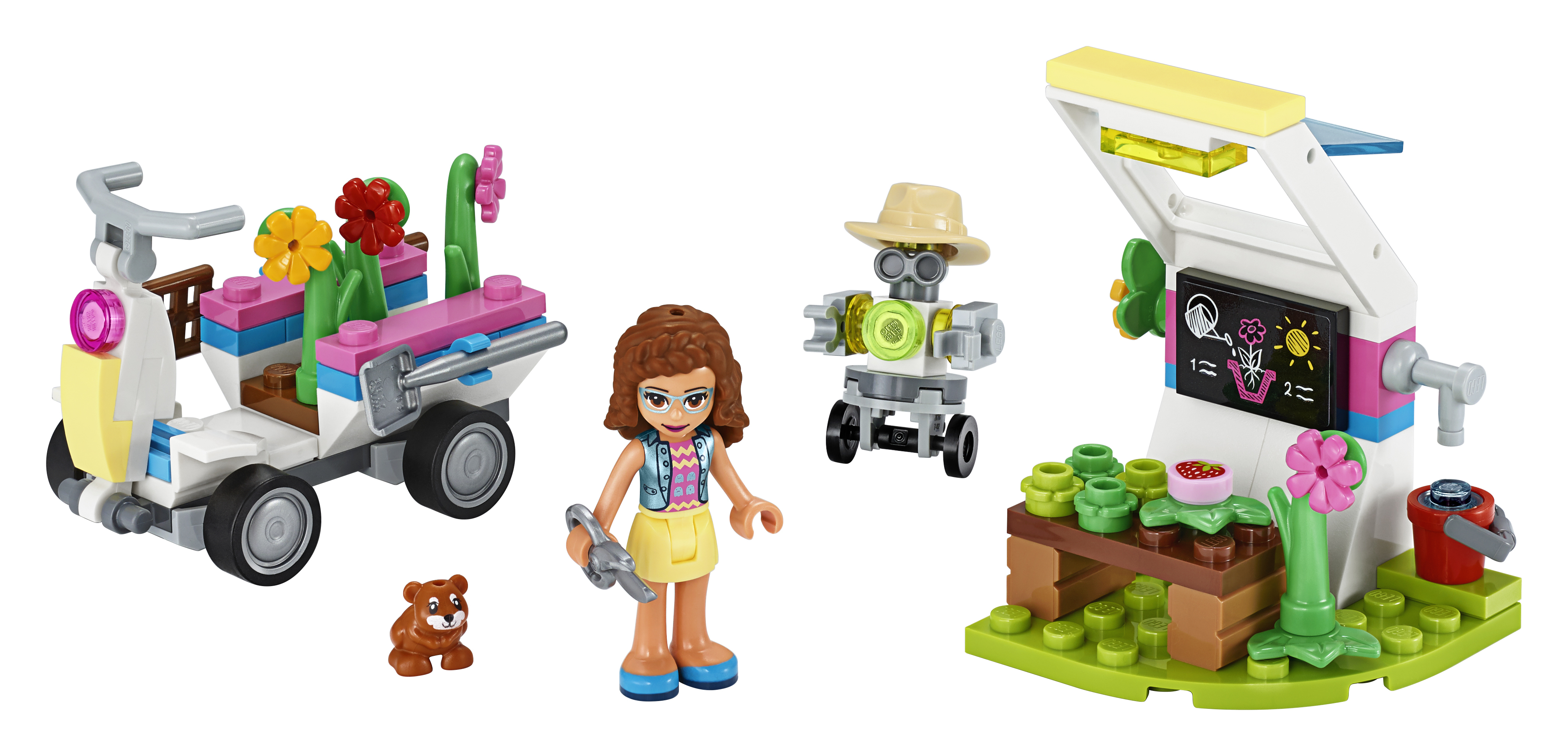 Set Lego Friends con scooter, robot, ragazza e stand di giardinaggio con fiori.
