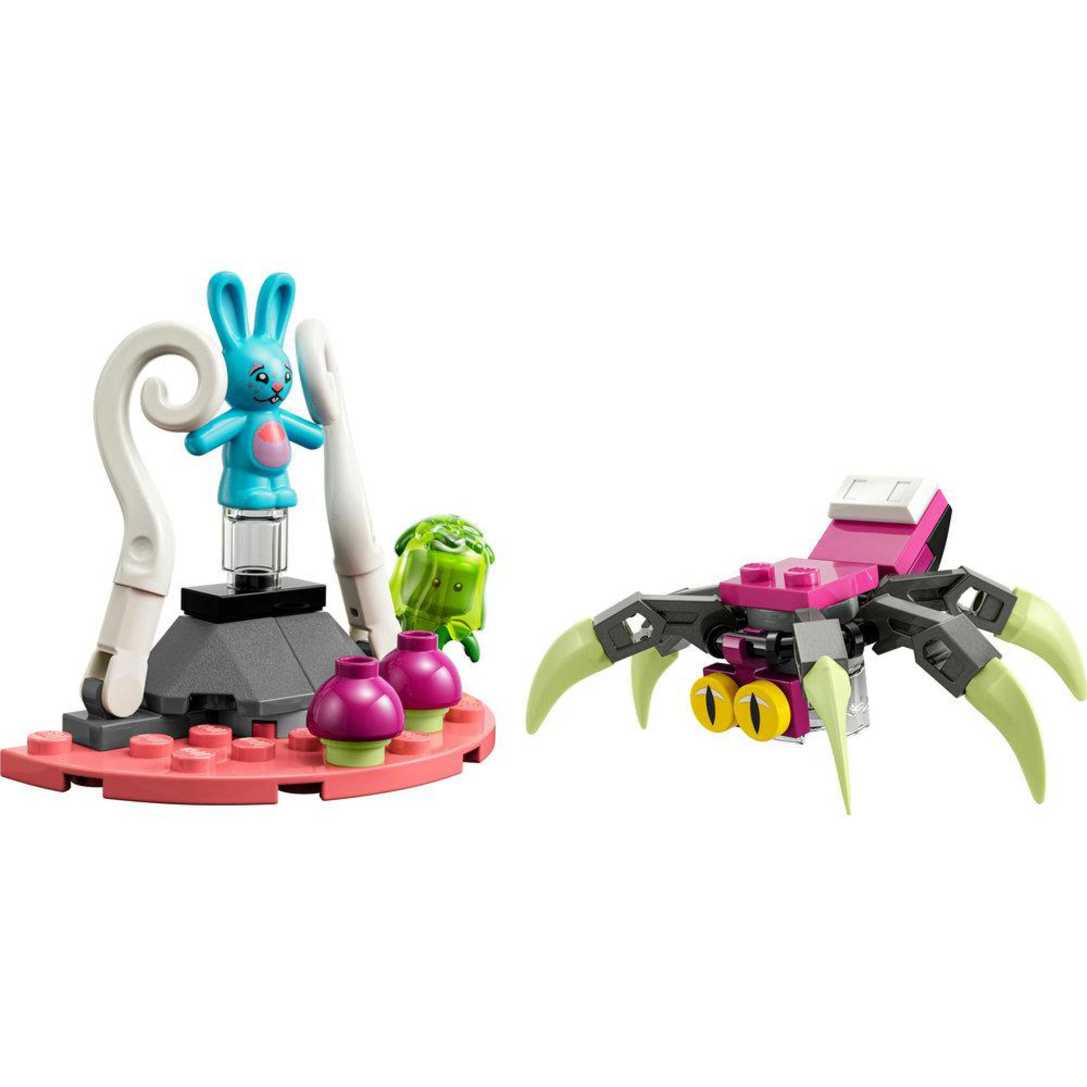 Ensemble Lego avec un lapin bleu, un monstre vert et une araignée rose. Fond blanc.