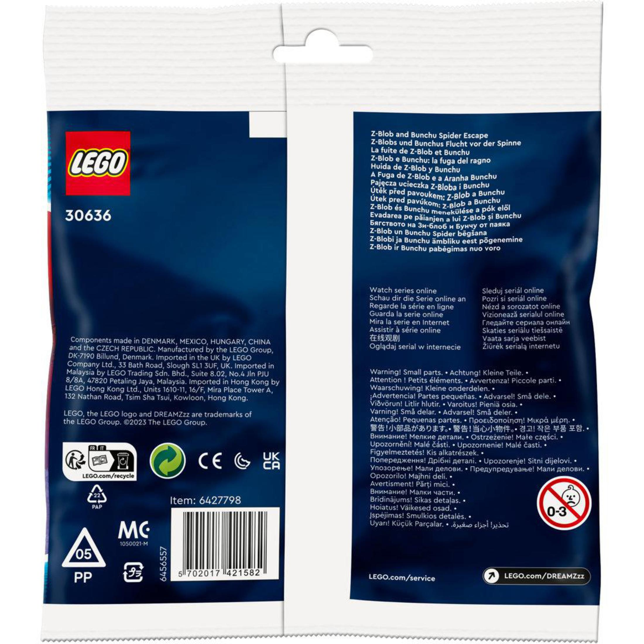Sac Lego, le dos, jaune avec texte et avertissements. Le sac est scellé. Logo Lego en haut à gauche.