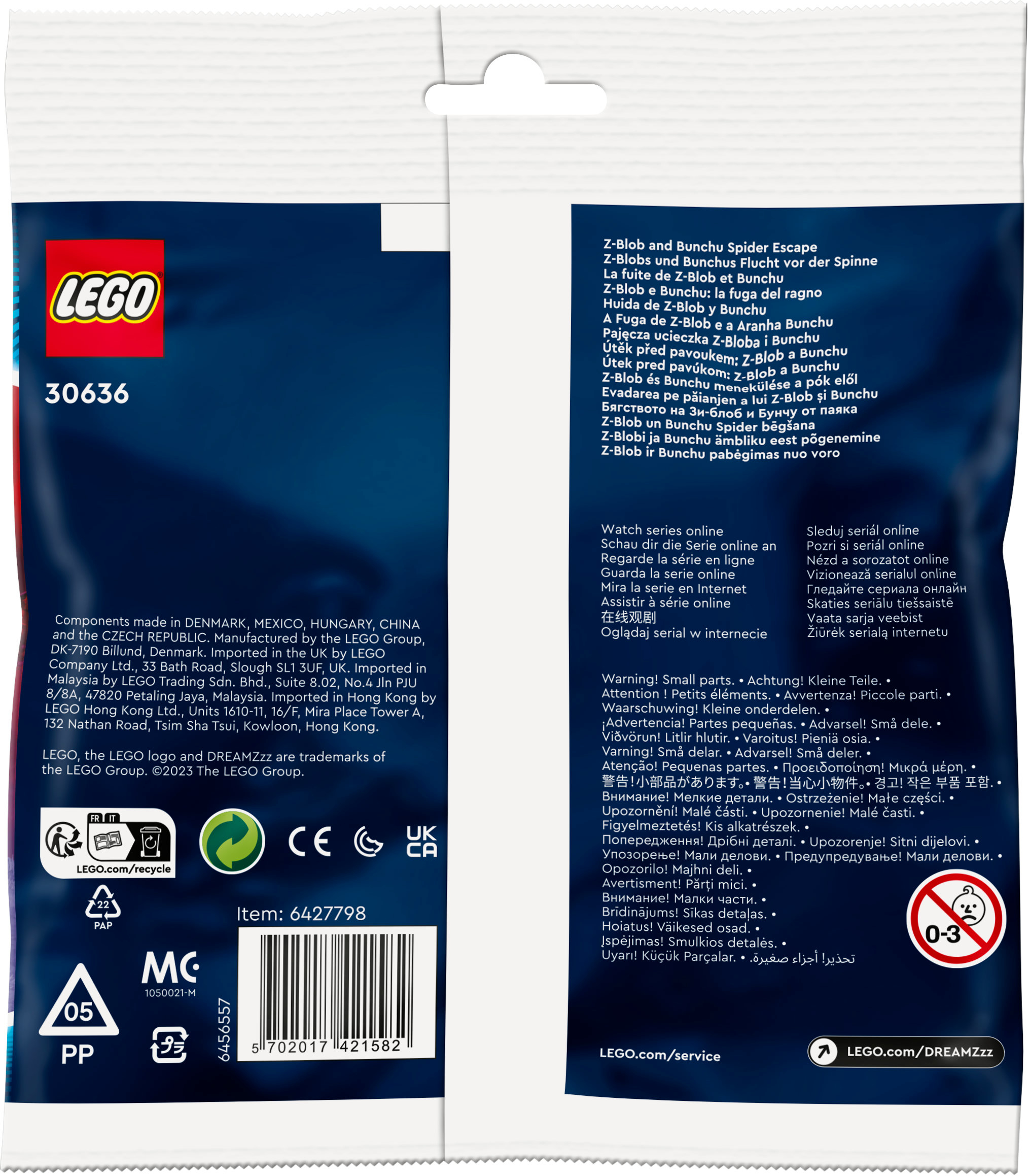 Sac LEGO Z-Blob et Bunchu Spider. Avertissements et détails imprimés sur le sac.