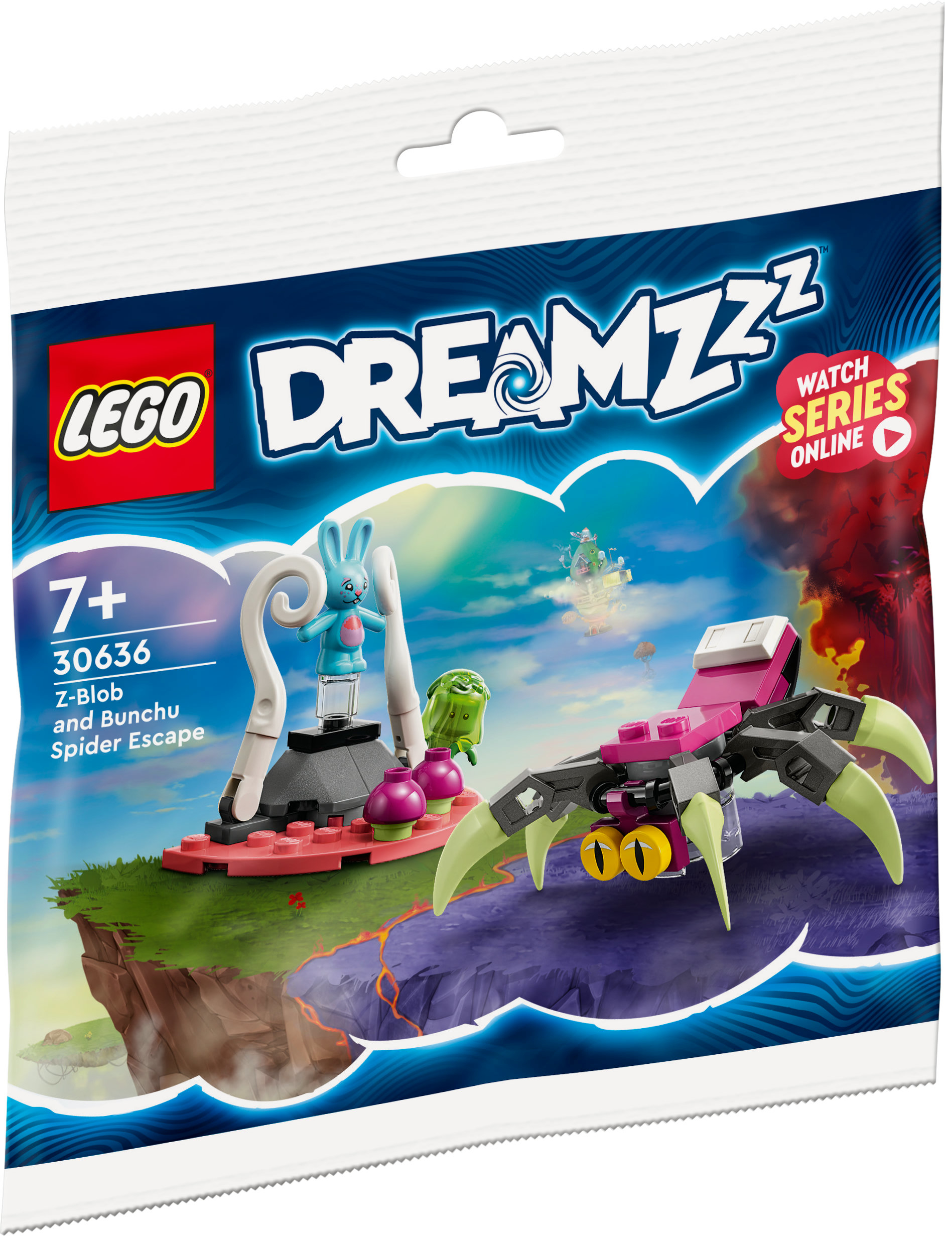 Set Lego Dreamzzz. Lapin bleu sur balançoire, araignée avec griffes vertes et paysage violet.