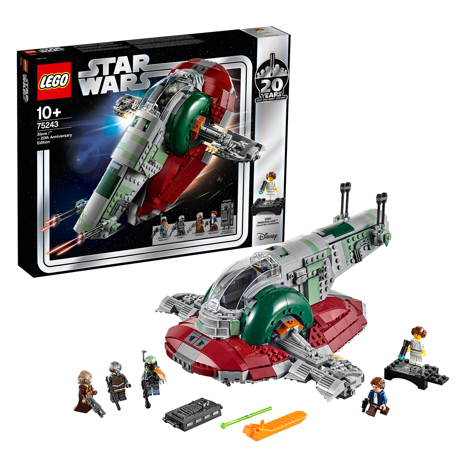 Set Lego Star Wars: Slave I con minifigure e scatola sullo sfondo.