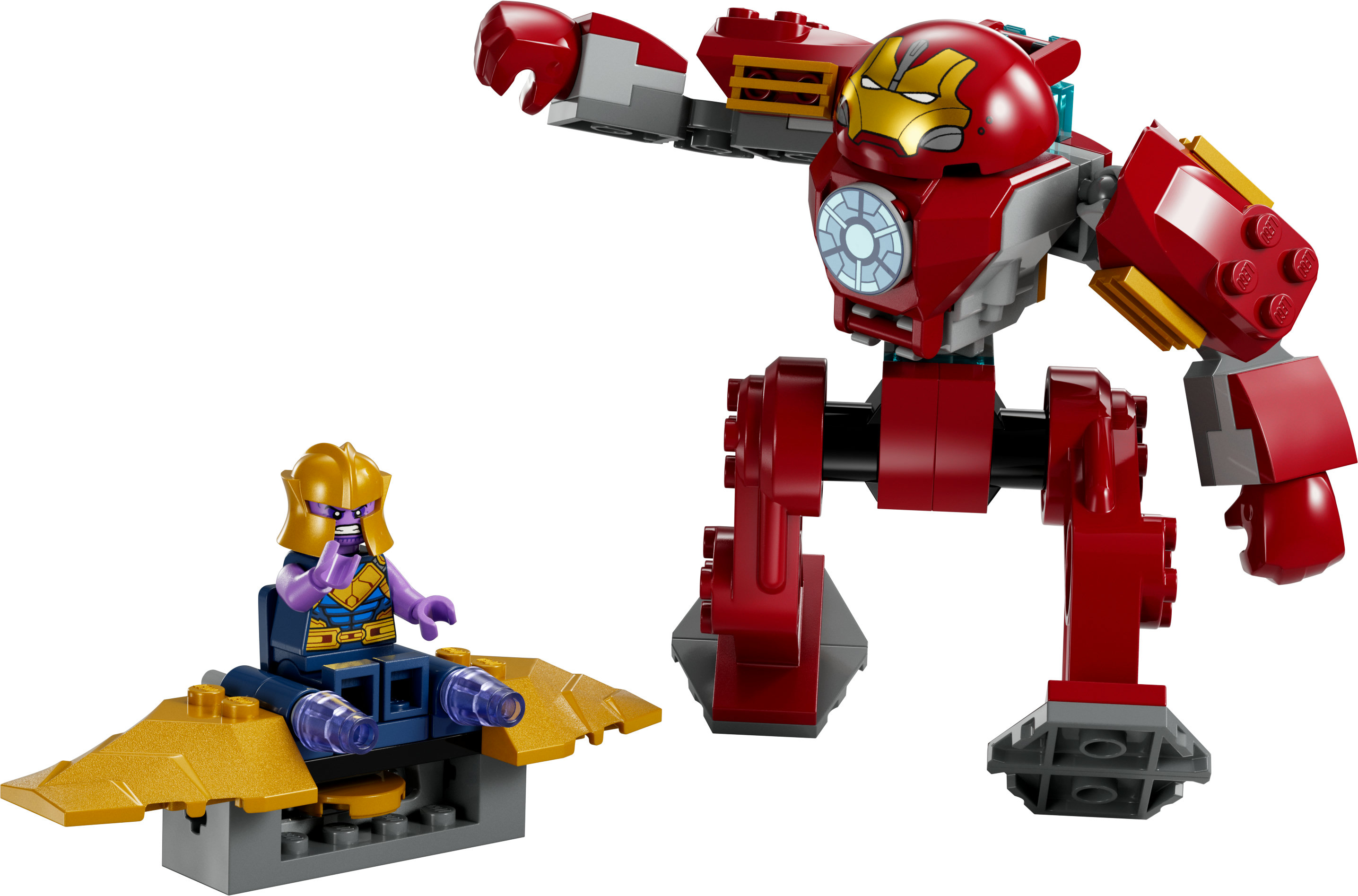Lego-Set: Roter Iron Man Hulkbuster, lila gekleideter Thanos auf einer Plattform.