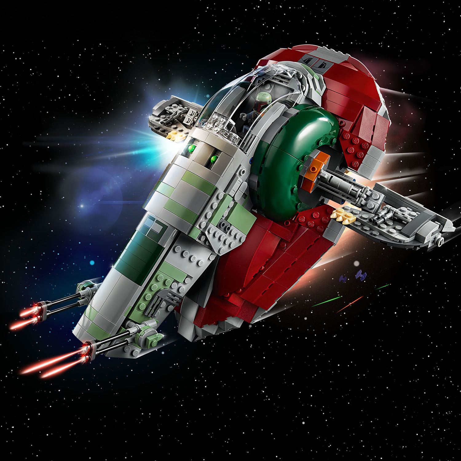 Un'astronave Lego, rossa e verde, spara laser nello spazio. L'astronave ha un abitacolo e ali.