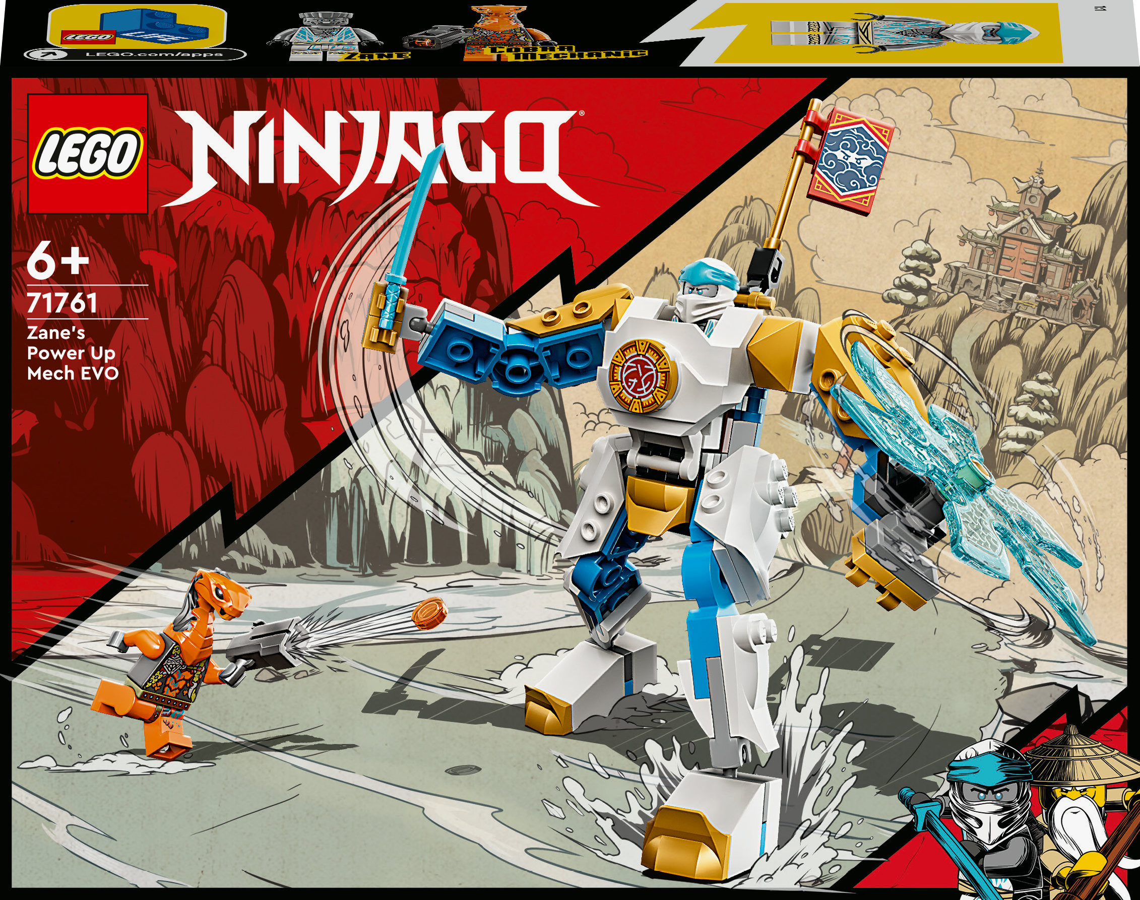 Scatola del set Lego Ninjago con un robot e una creatura simile a un drago.