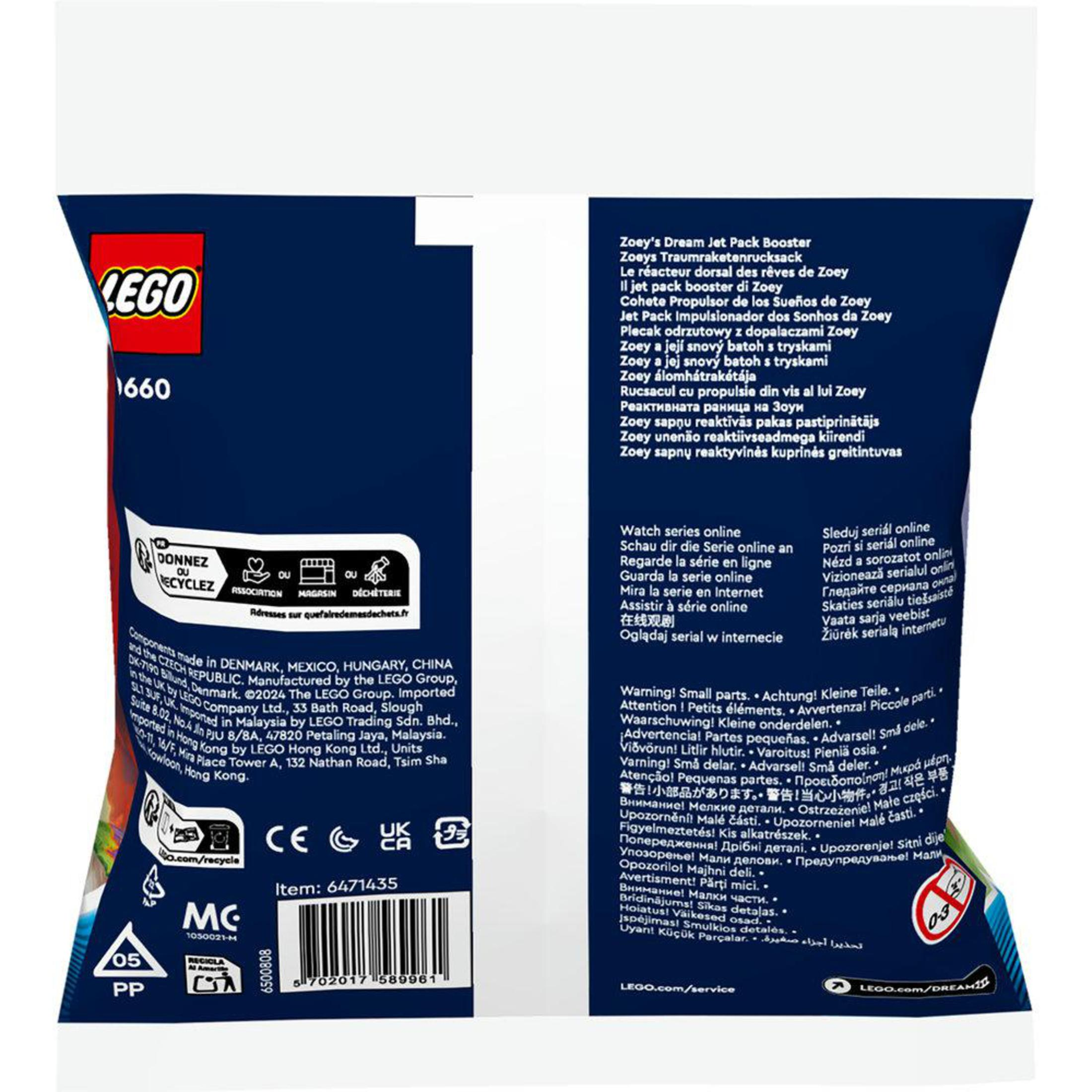 LEGO-Beutel mit Text in mehreren Sprachen, Warnhinweisen und Recycling-Informationen.