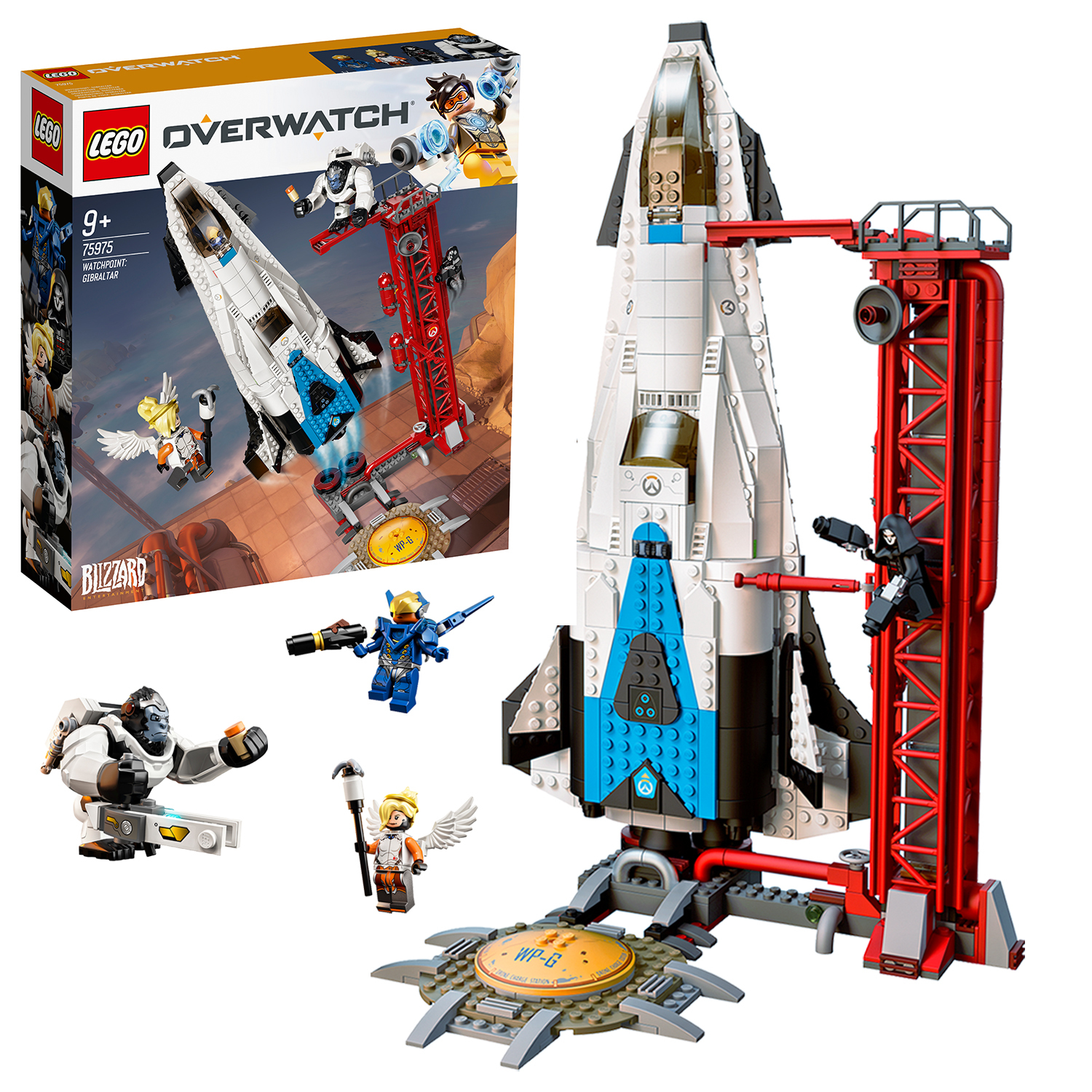 Zestaw Lego Overwatch rakiety z figurkami i platformą startową.