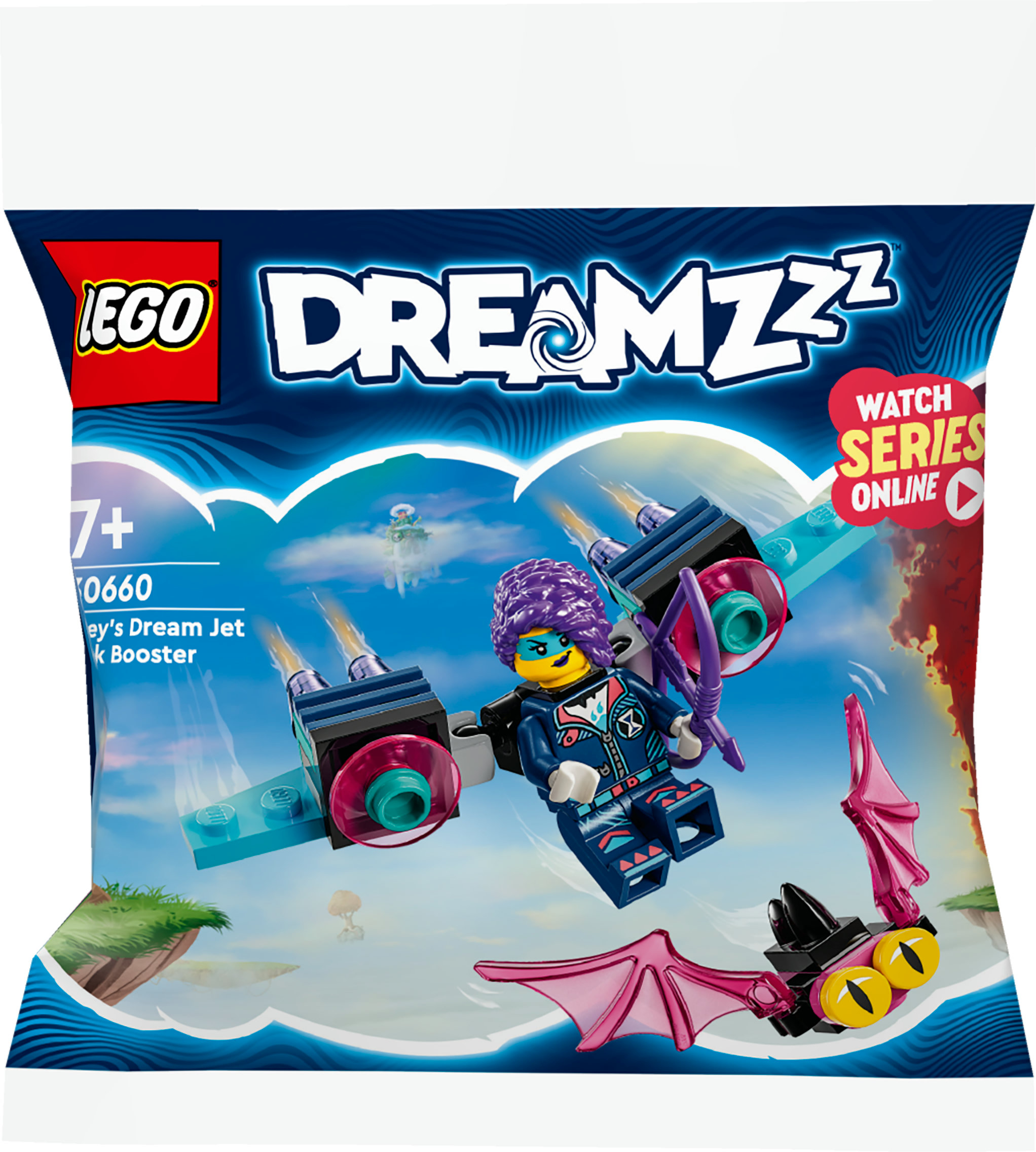 Lego Dreamzzz Set. Mädchen fliegt auf Jet mit Fledermaus, fliegende Struktur am Himmel.