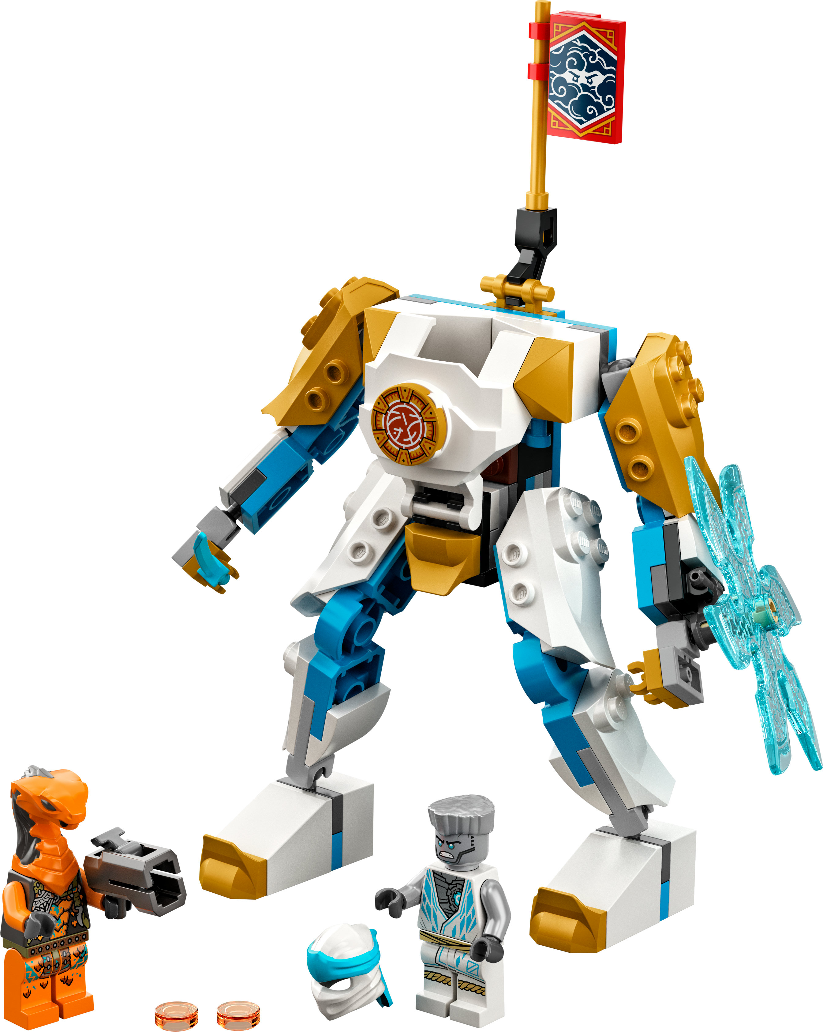 Un set Lego con un robot bianco, oro e blu e tre mini-figure Lego.