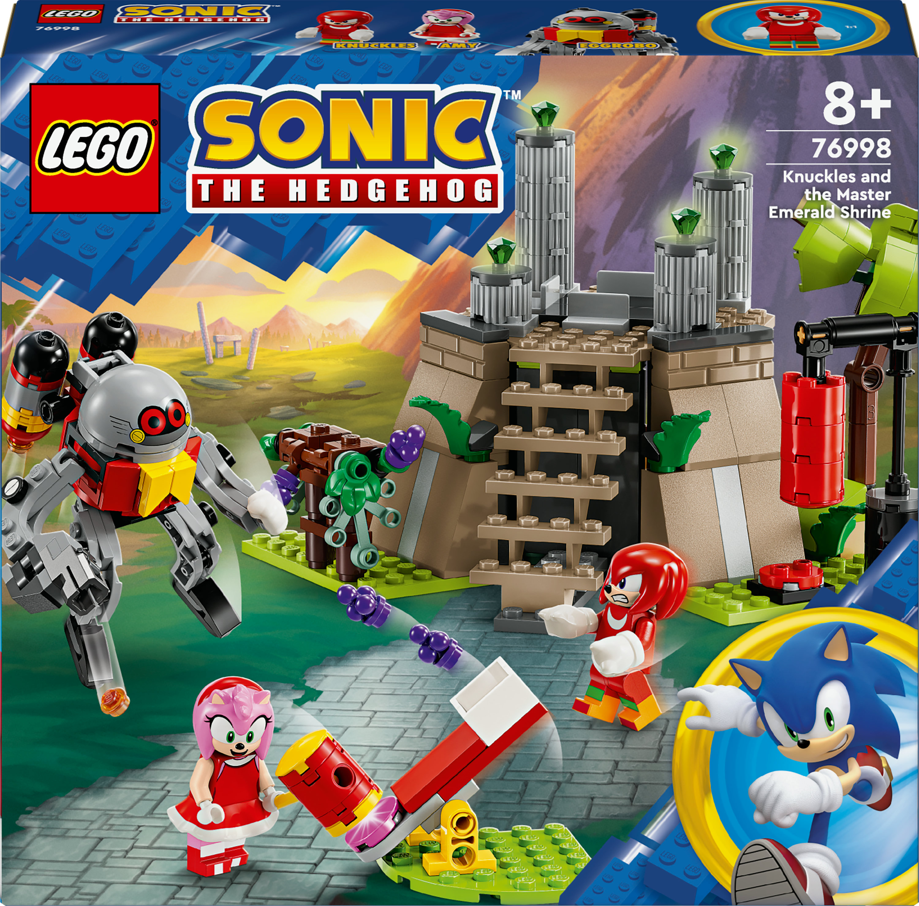 Set de Lego Sonic the Hedgehog. La escena incluye a Sonic, Knuckles y un robot. Hay edificios y un santuario.