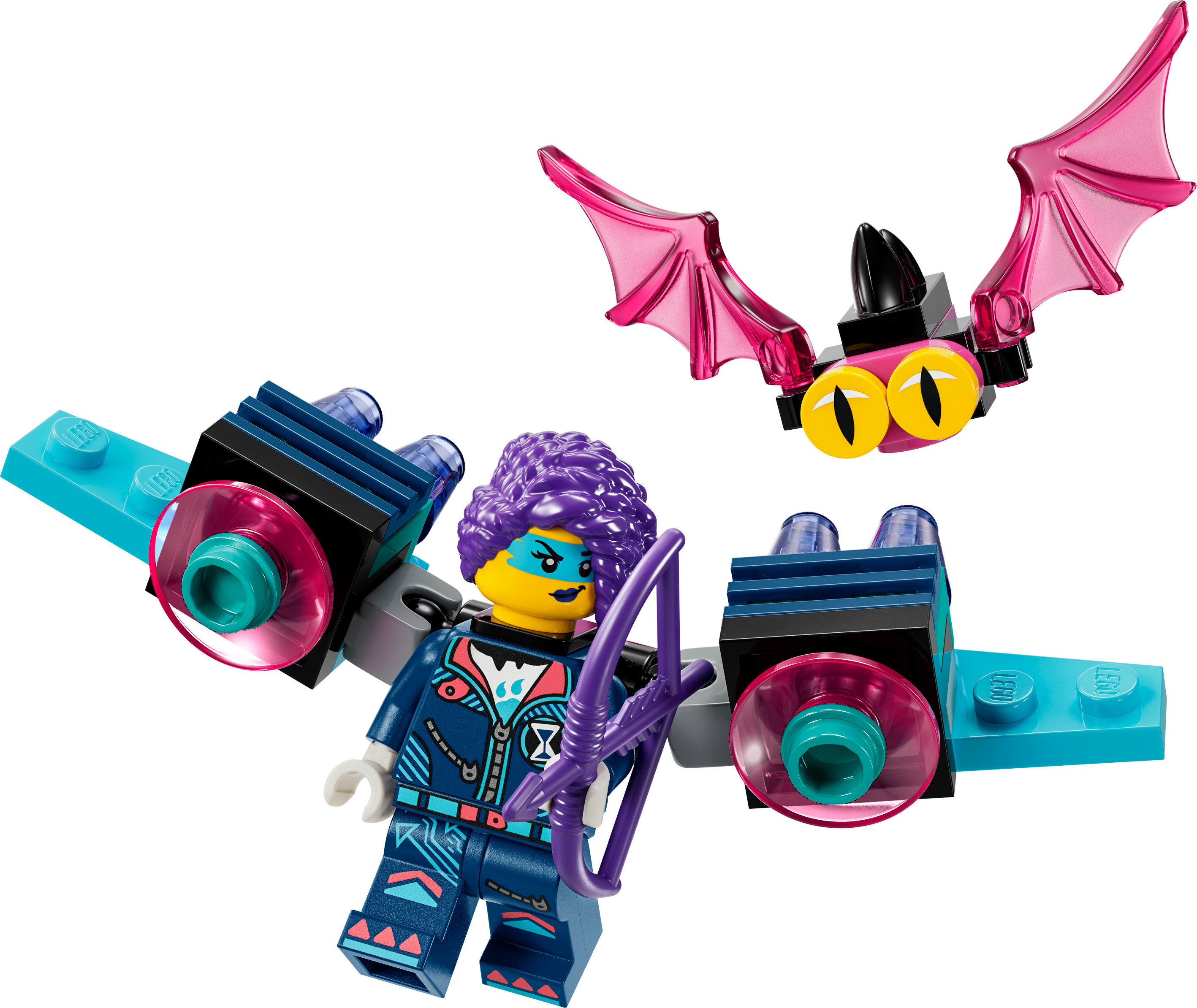 Lego-Figur mit lila Haaren und einer fliegenden Fledermaus. Sie trägt ein Kostüm mit blauen Flügeln.