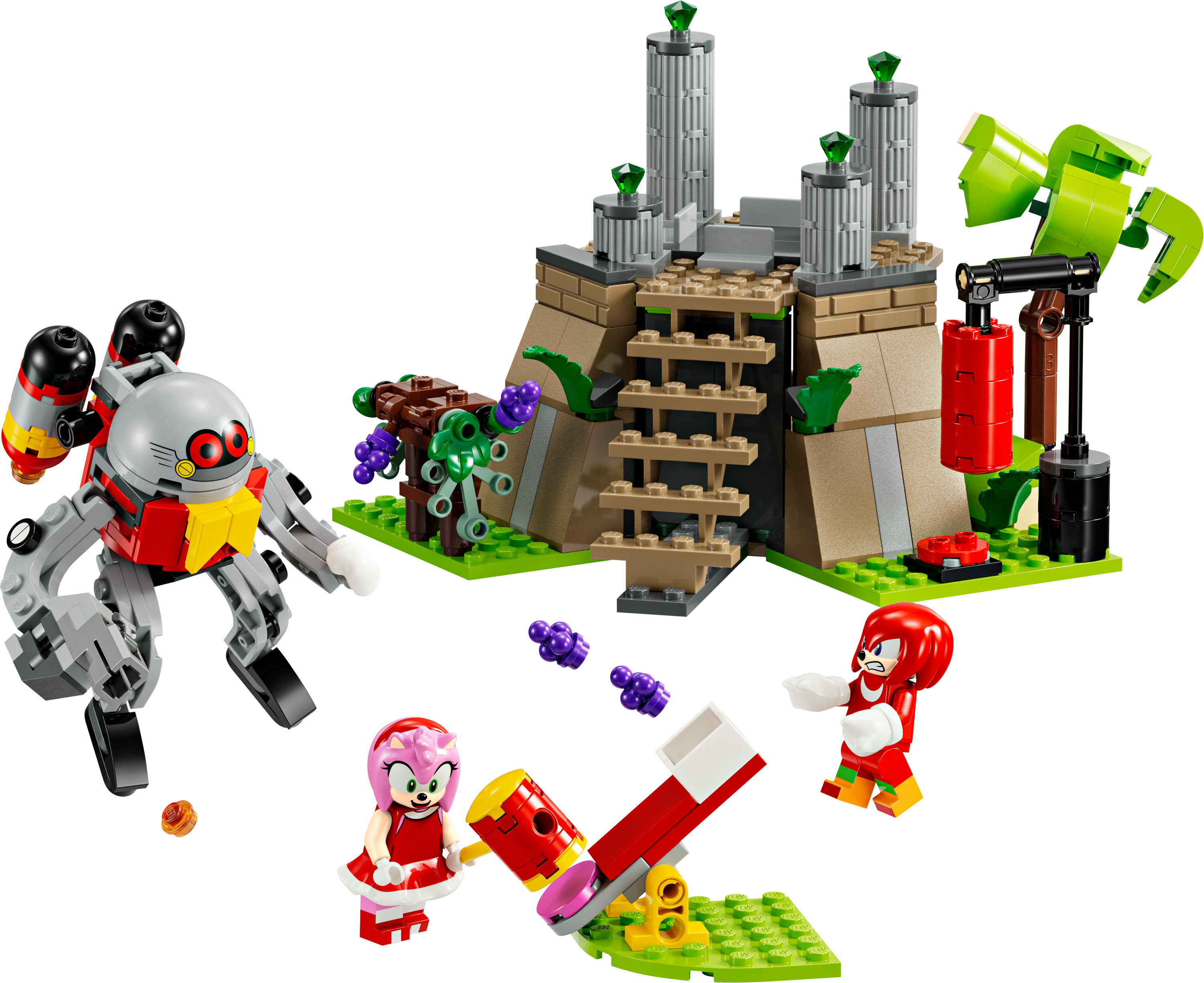 Set de Lego con personajes de Sonic: robot, Amy Rose, Knuckles y una estructura con cañón.