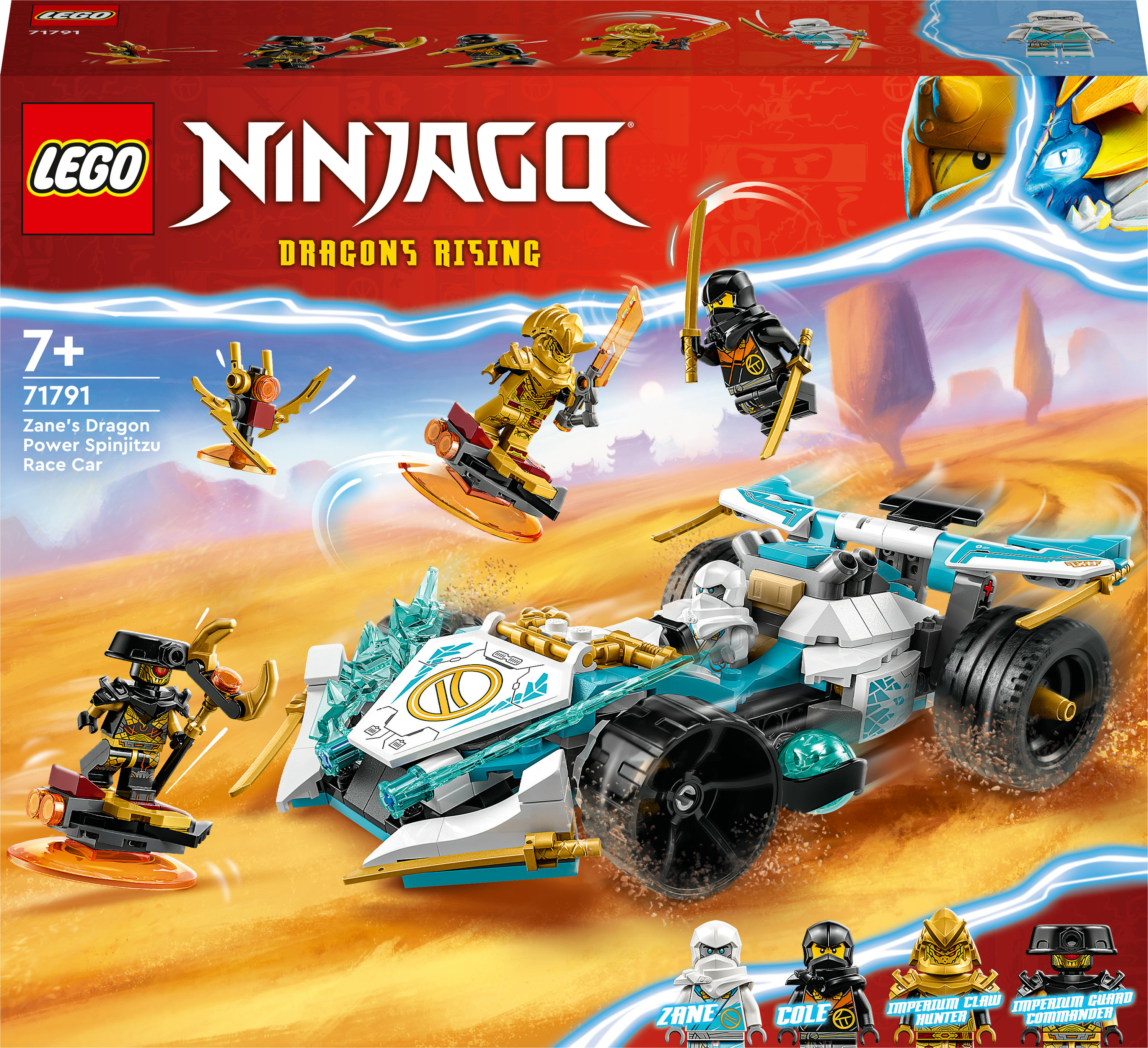 Un ensemble de voitures de course Lego Ninjago avec des figurines et un emballage. La voiture est bleue et blanche avec des roues noires.