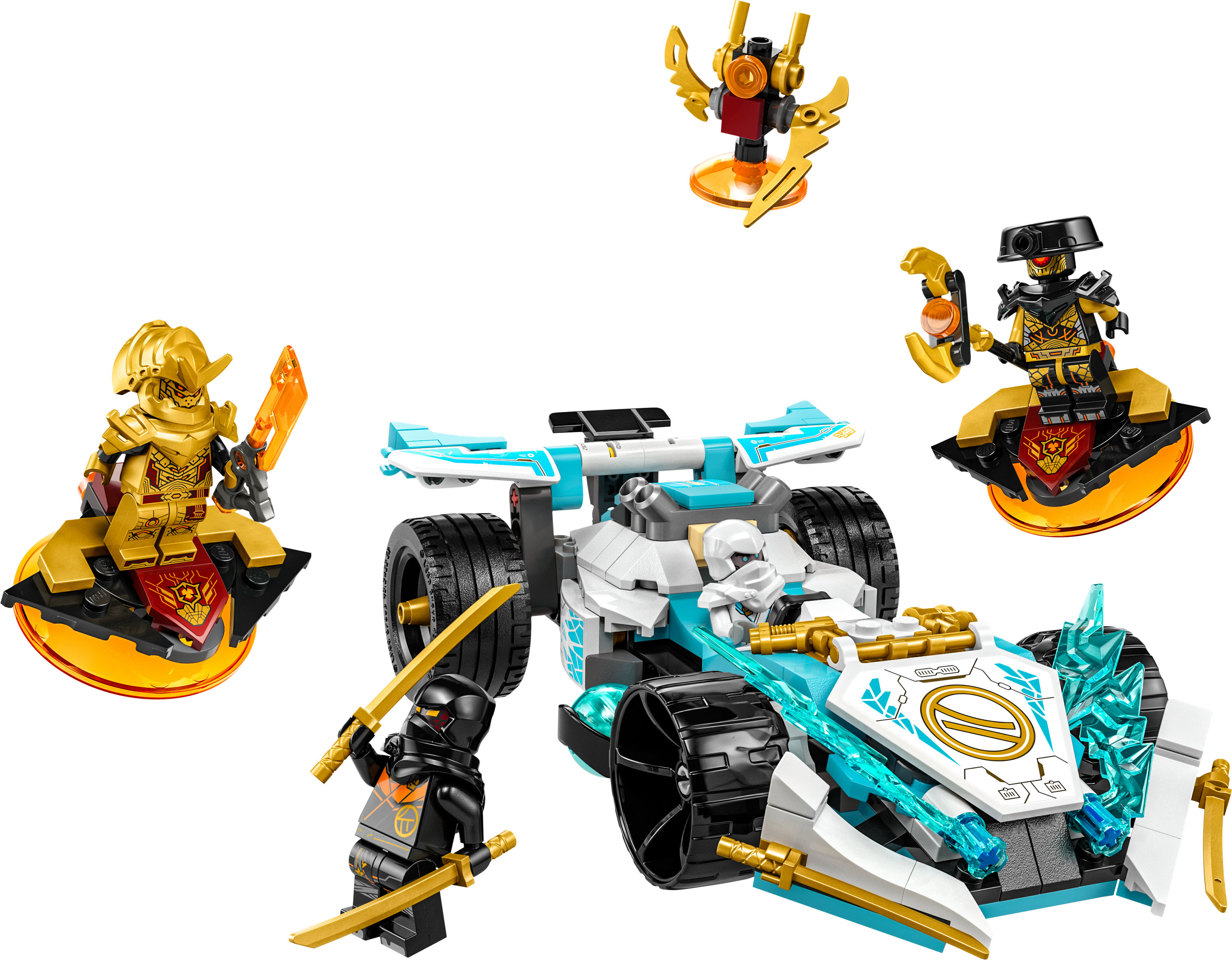 Set LEGO Ninjago avec véhicules et figurines ninja.