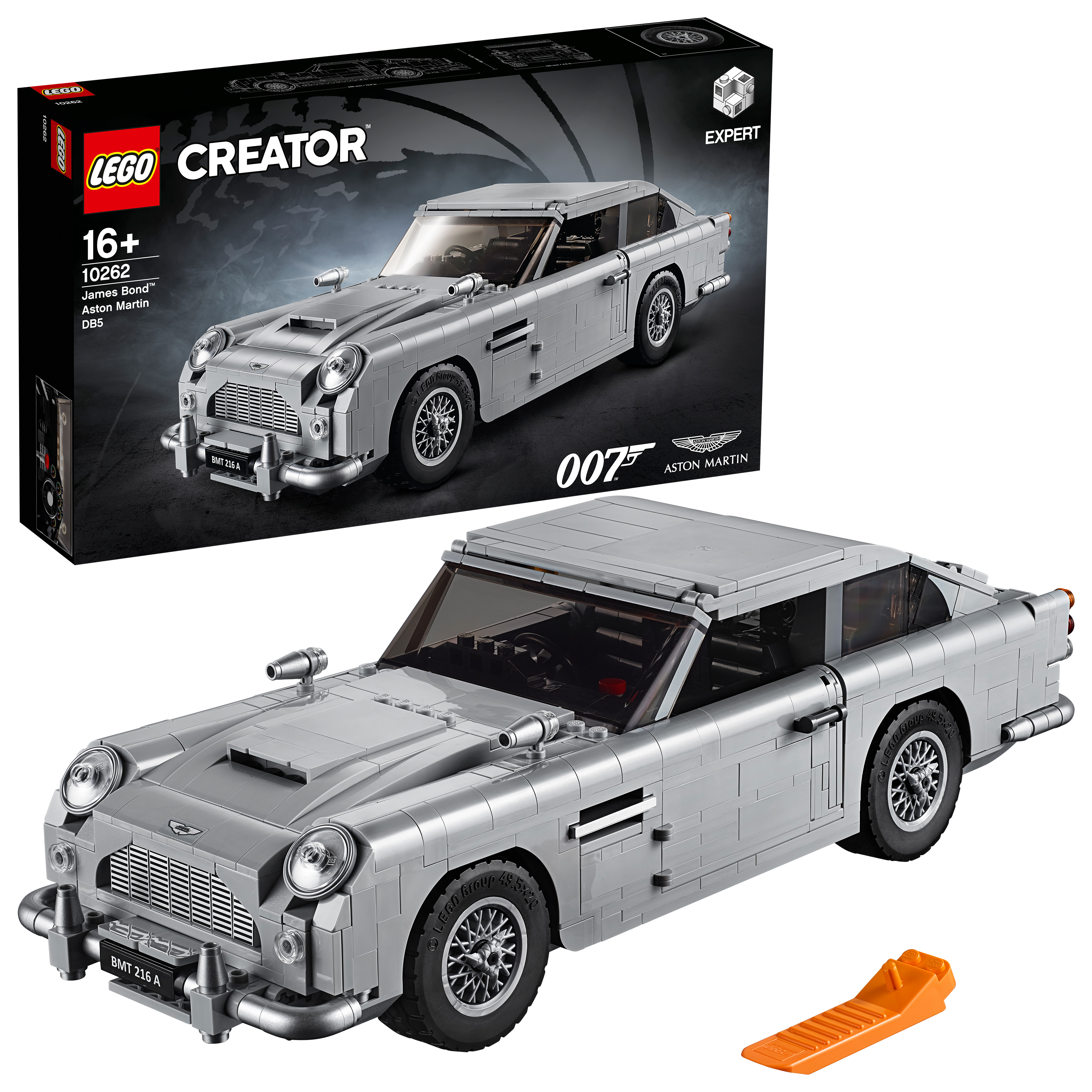 Lego James Bond Aston Martin automodel met doos en oranje gereedschap.