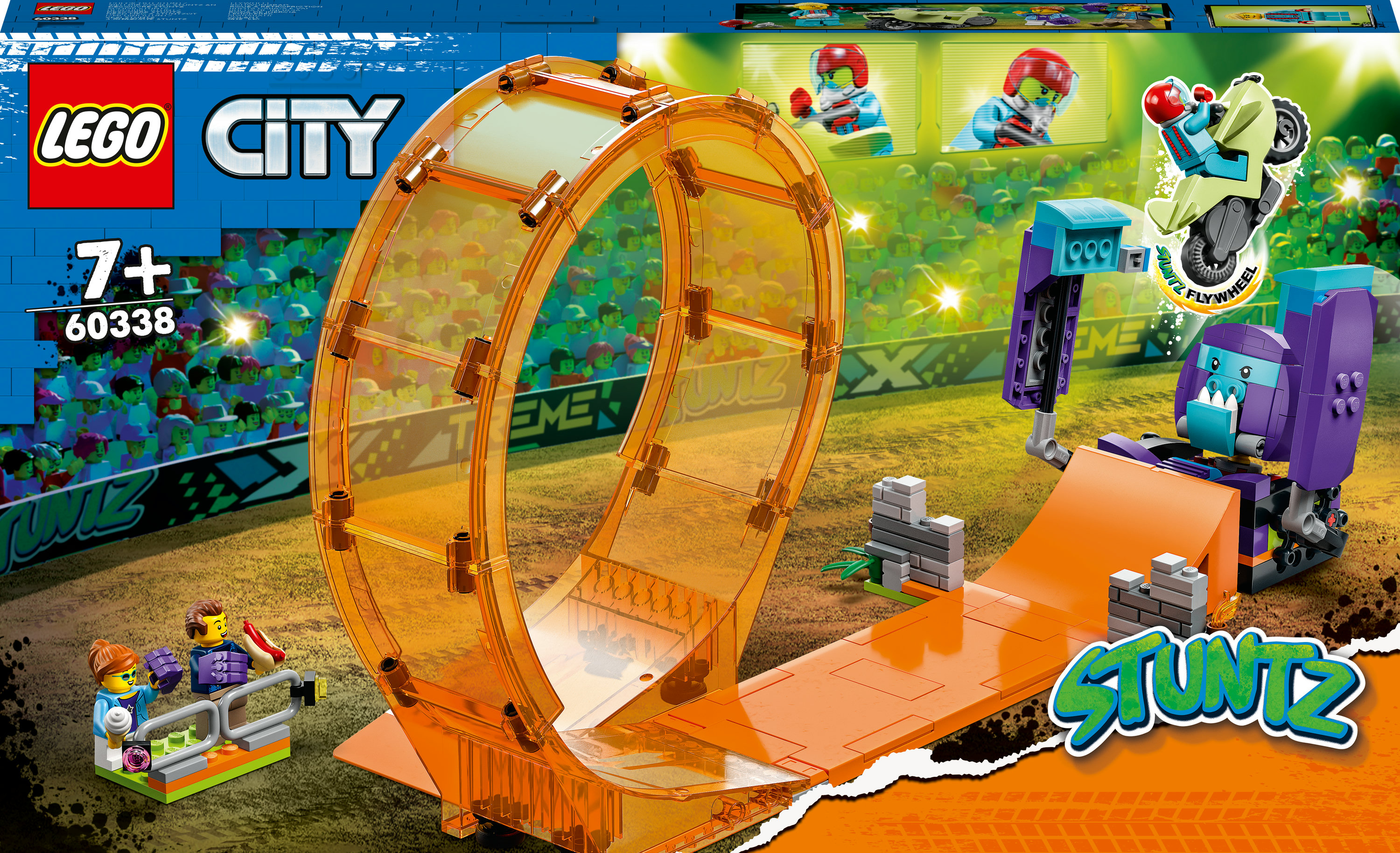 LEGO City Stuntz set met stunthelling, lus en minifiguren. Kleurrijke scène.