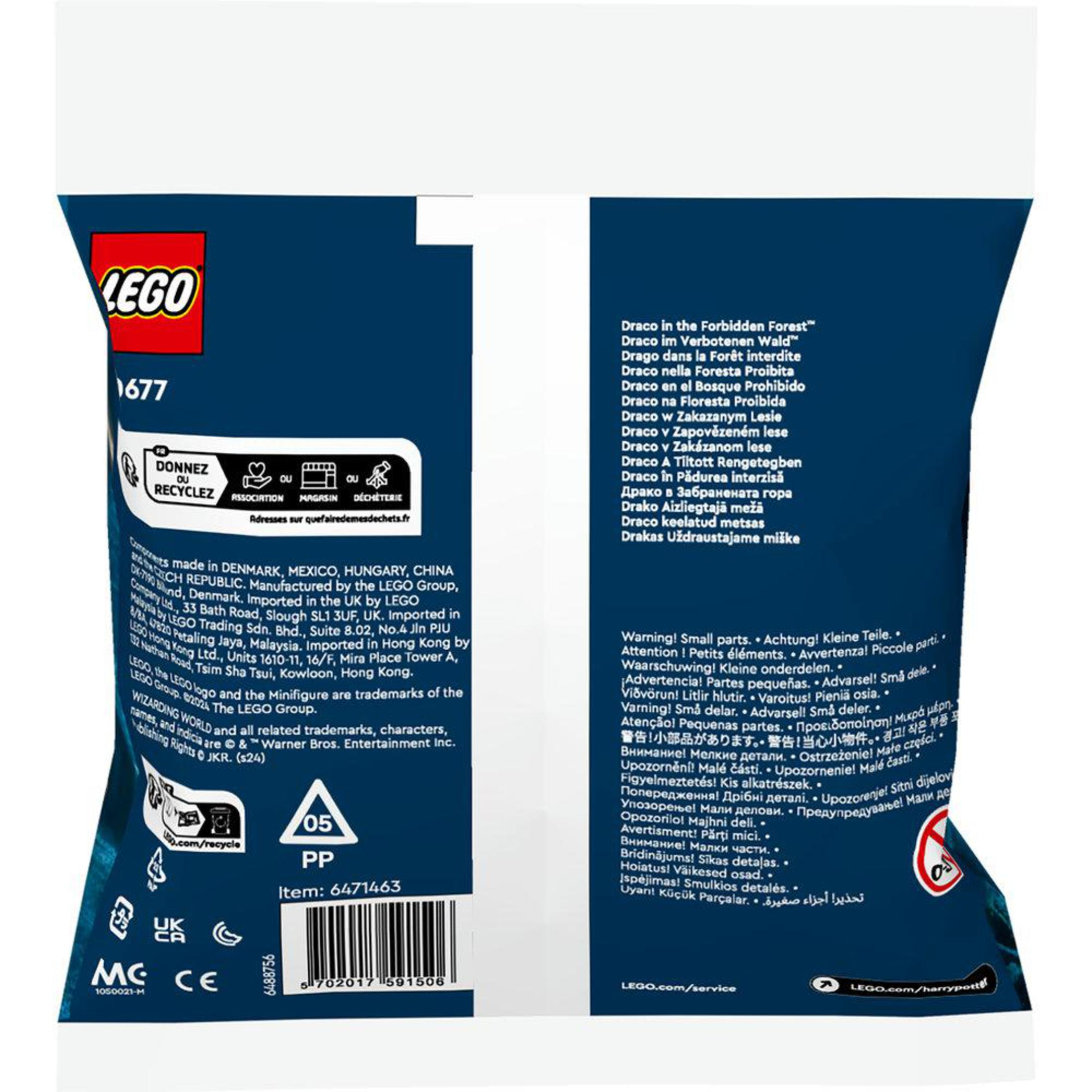 LEGO-Beutel mit Text und Logos. Enthält Text in mehreren Sprachen, Recycling-Symbole und Artikeldetails.
