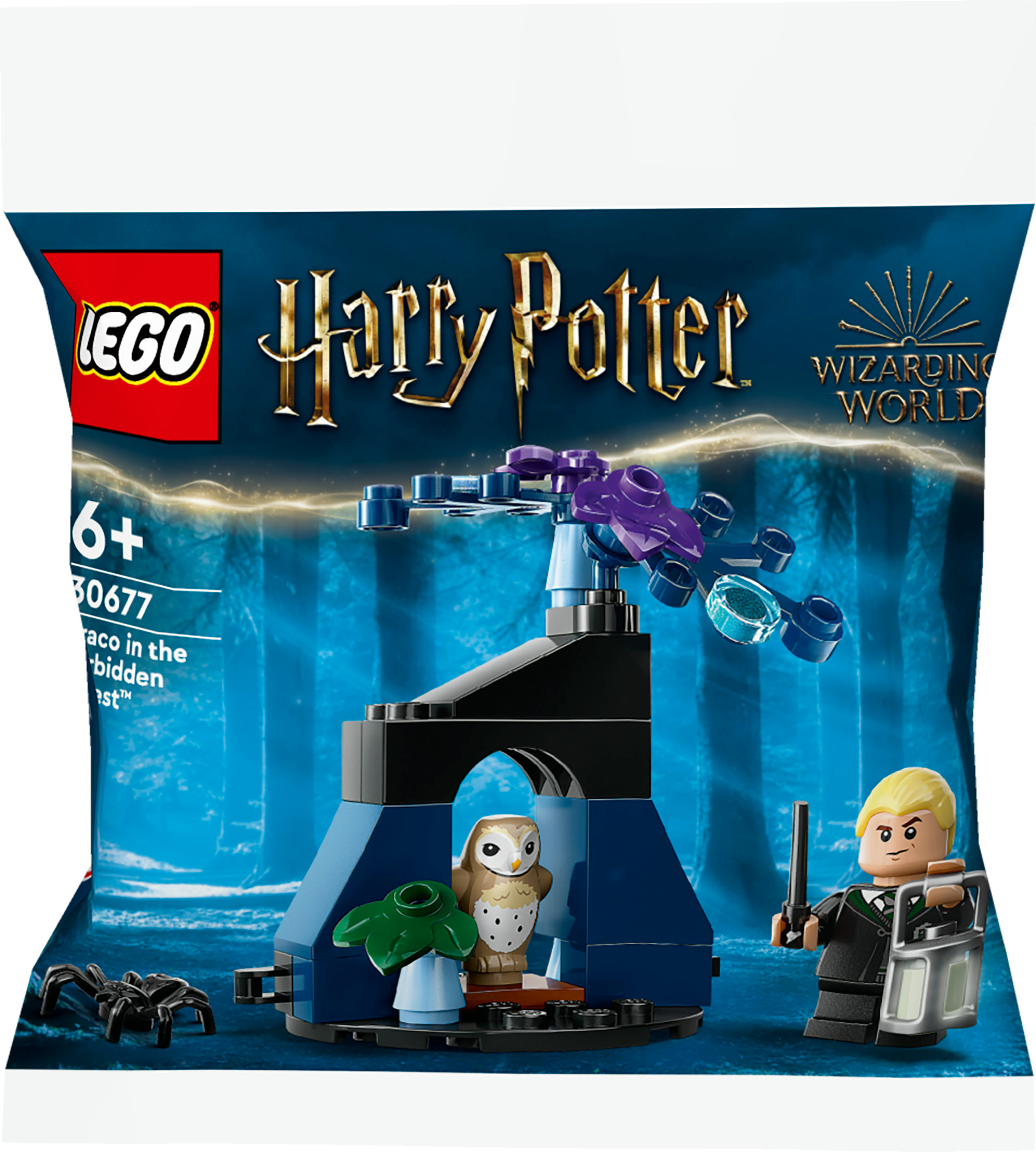 Lego Harry Potter Set in einer Tüte, das eine Szene mit einer Figur und einer Lego-Struktur darstellt.